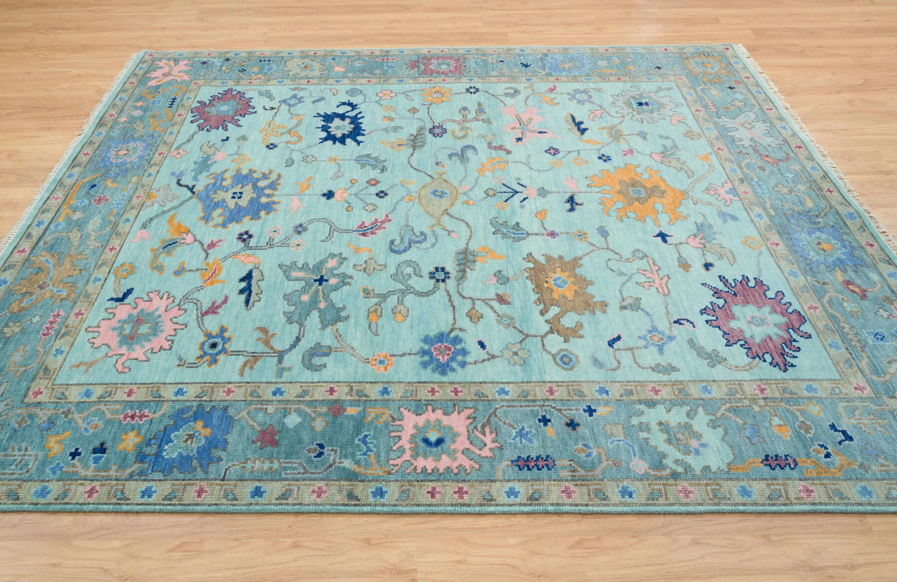 Aqua & Gold Hand-Knotted Oushak Rug – Palmette & Rosette