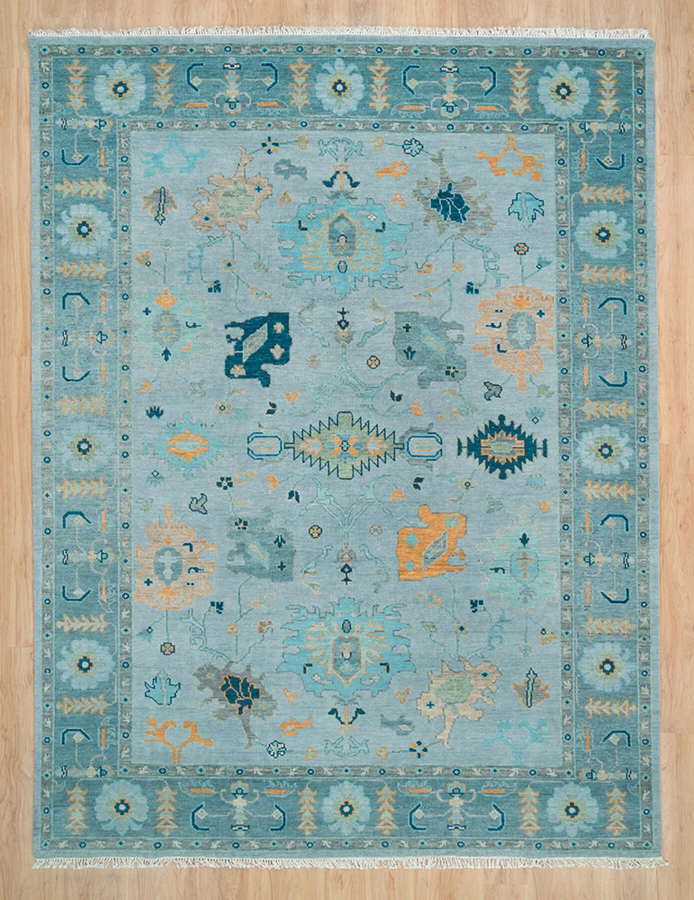Aqua & Teal Hand-Knotted Oushak Rug – Palmette & Vine