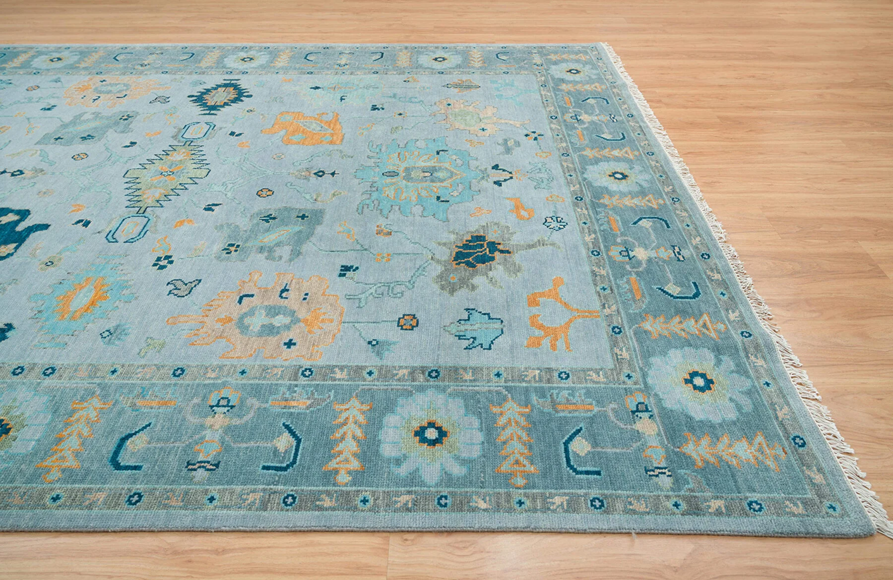 Aqua & Teal Hand-Knotted Oushak Rug – Palmette & Vine