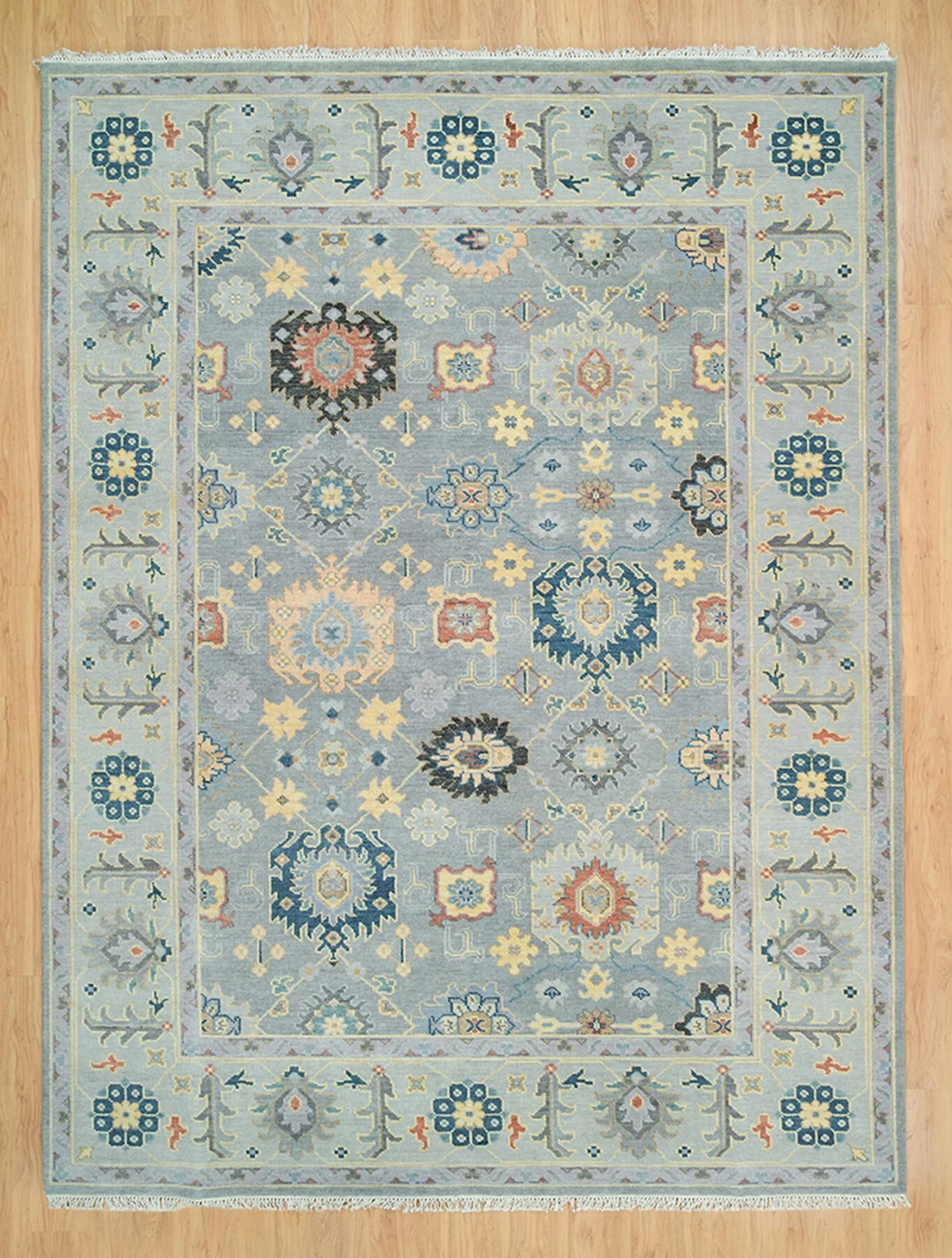 Grey & Slate Hand-Knotted Oushak Rug – Rosette & Palmette