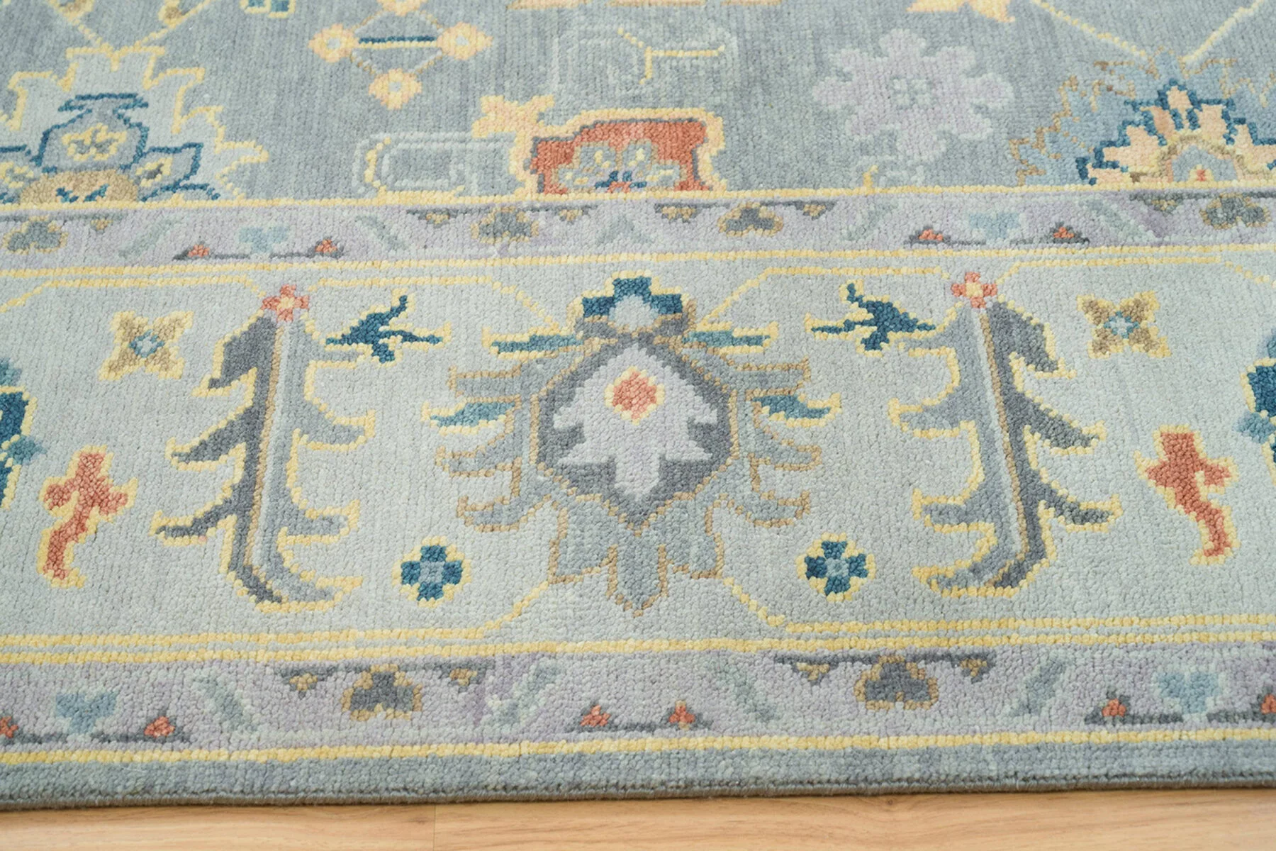 Grey & Slate Hand-Knotted Oushak Rug – Rosette & Palmette