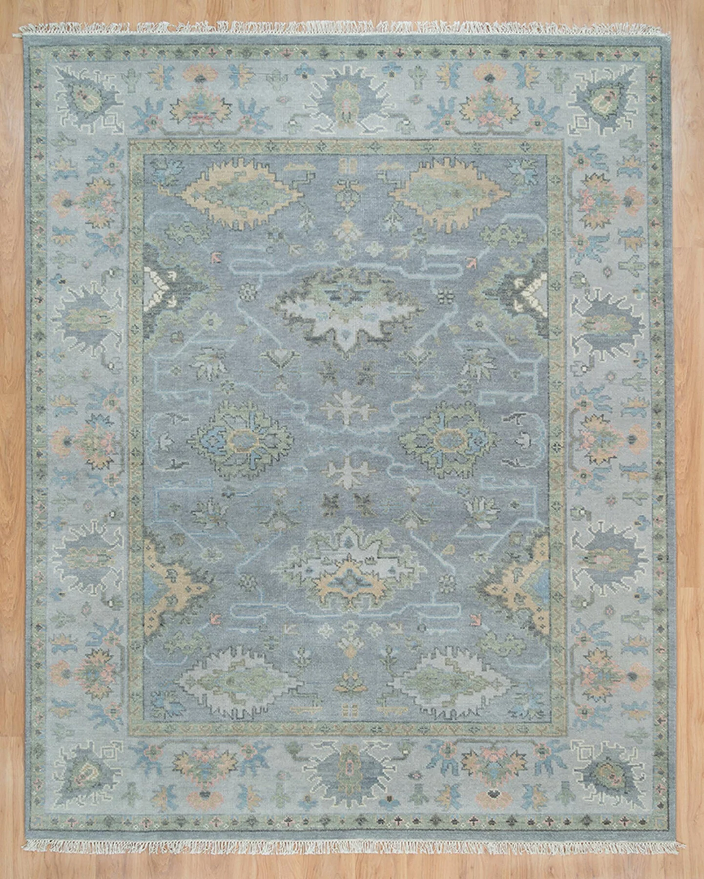 Grey & Sage Hand-Knotted Oushak Rug – Palmette & Rosette (3362)