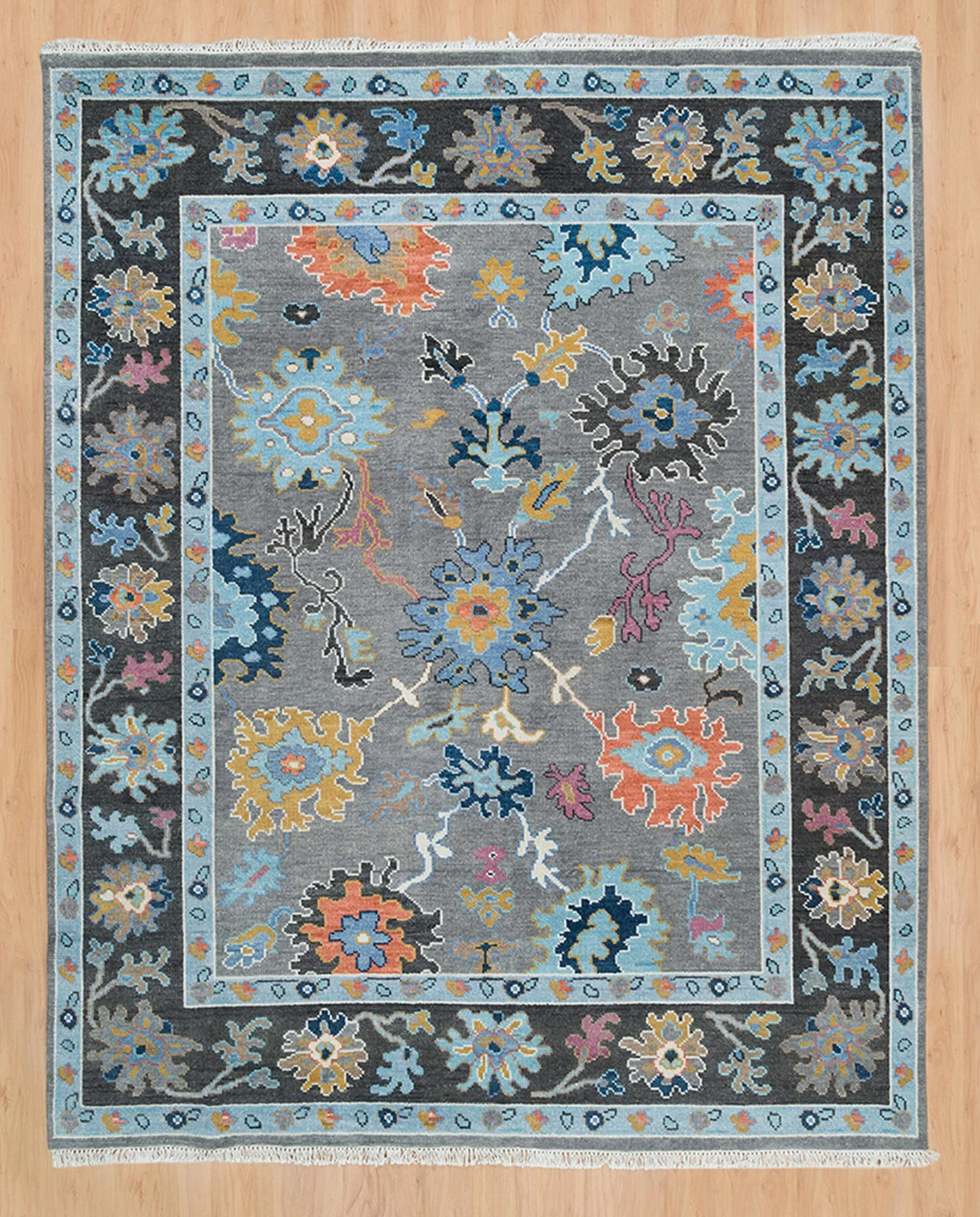 Charcoal & Blue Hand-Knotted Oushak Rug – Rosette & Palmette