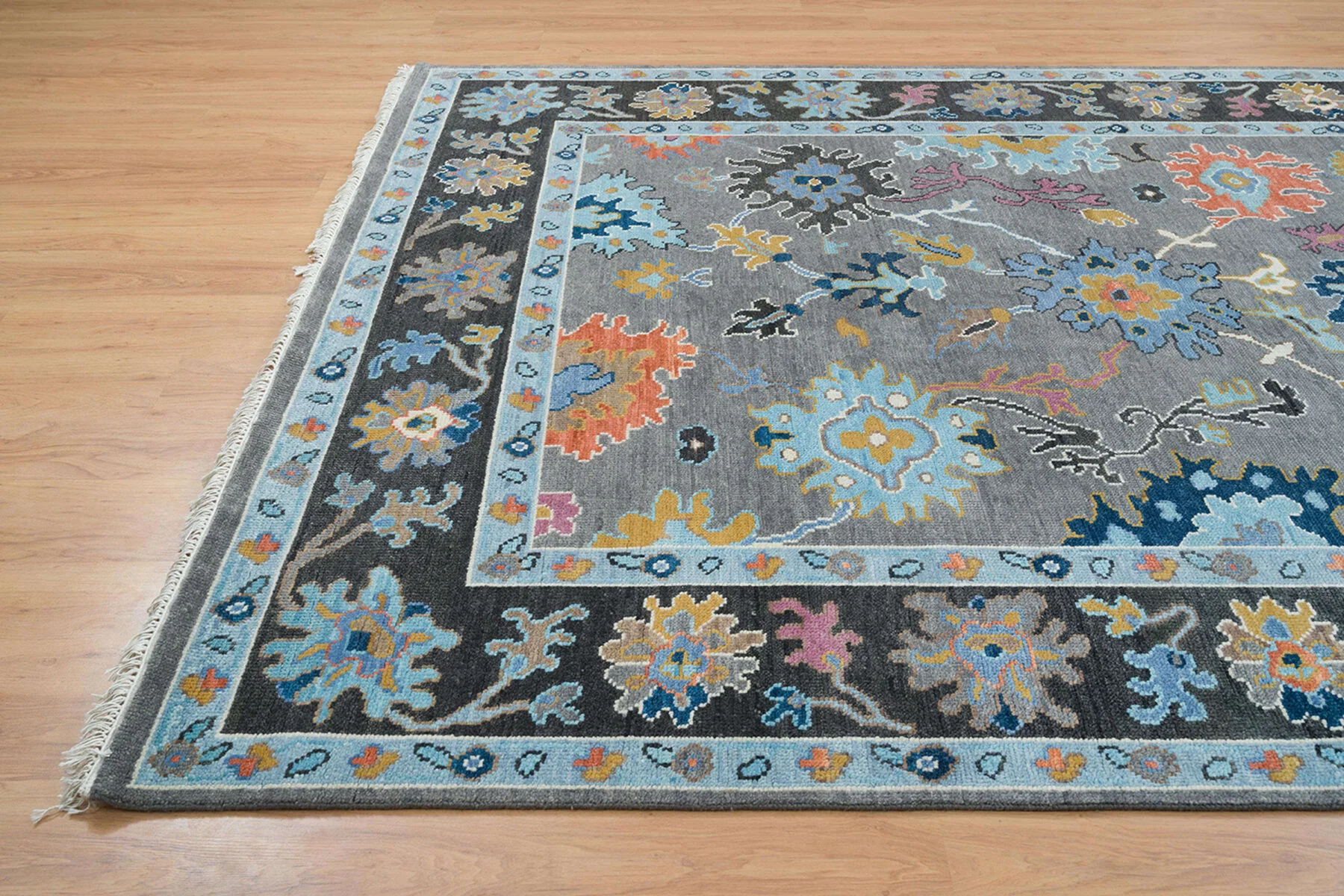 Charcoal & Blue Hand-Knotted Oushak Rug – Rosette & Palmette