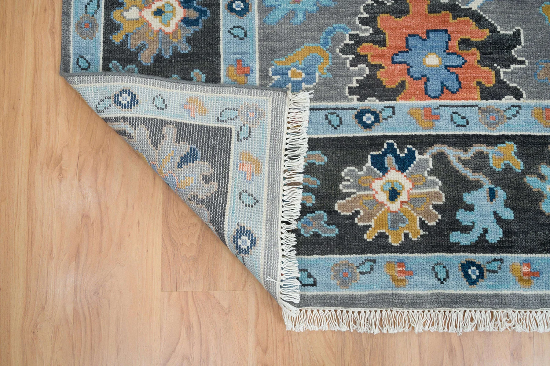 Charcoal & Blue Hand-Knotted Oushak Rug – Rosette & Palmette