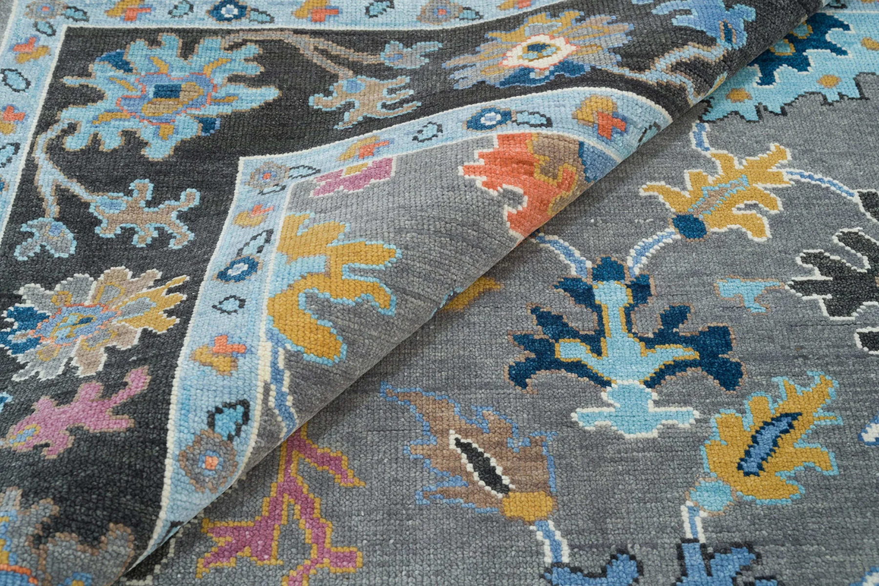 Charcoal & Blue Hand-Knotted Oushak Rug – Rosette & Palmette