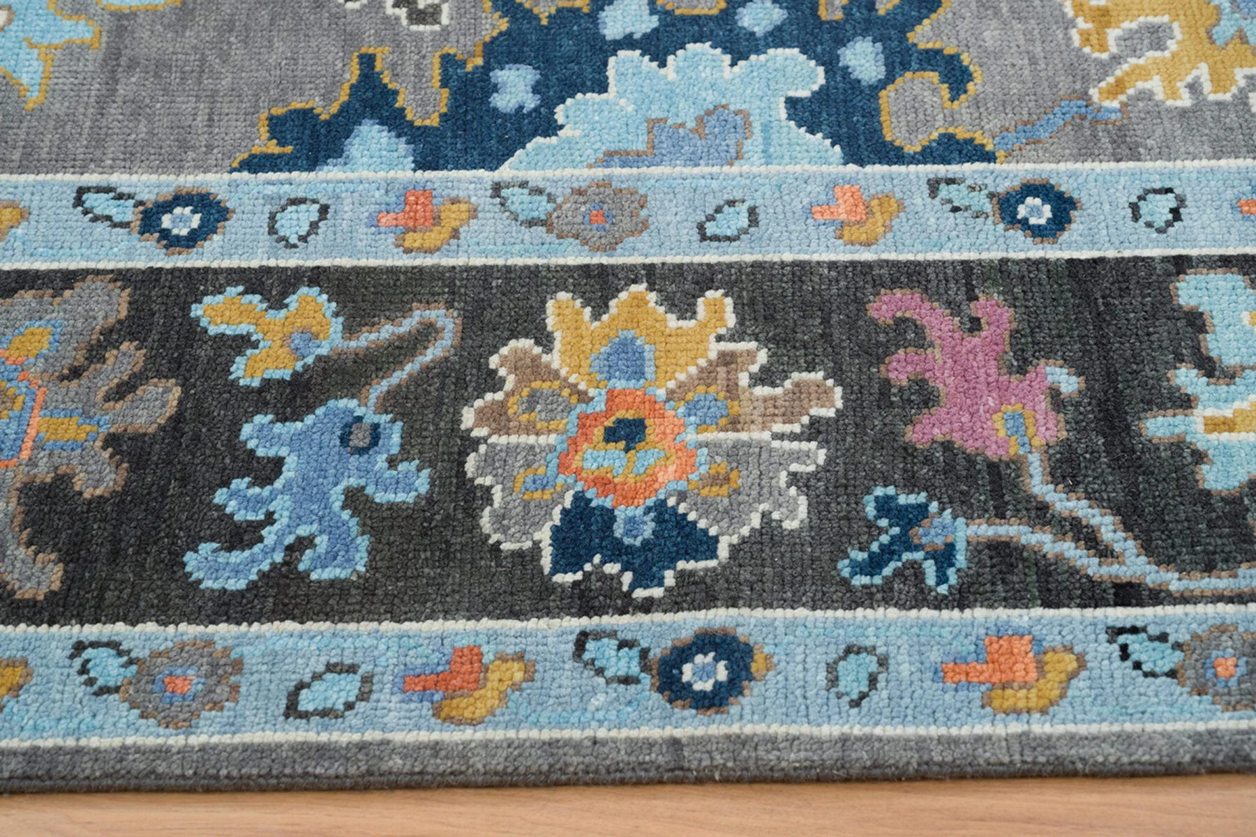 Charcoal & Blue Hand-Knotted Oushak Rug – Rosette & Palmette