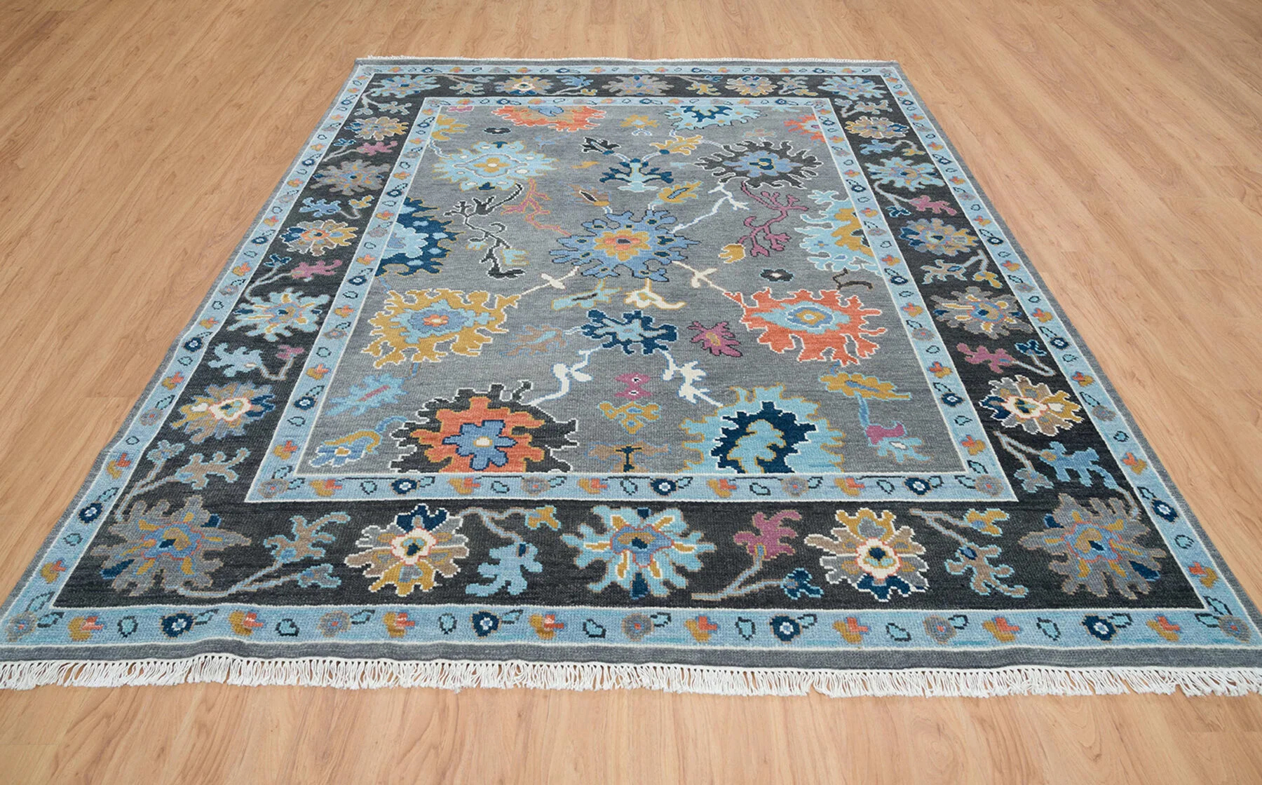 Charcoal & Blue Hand-Knotted Oushak Rug – Rosette & Palmette