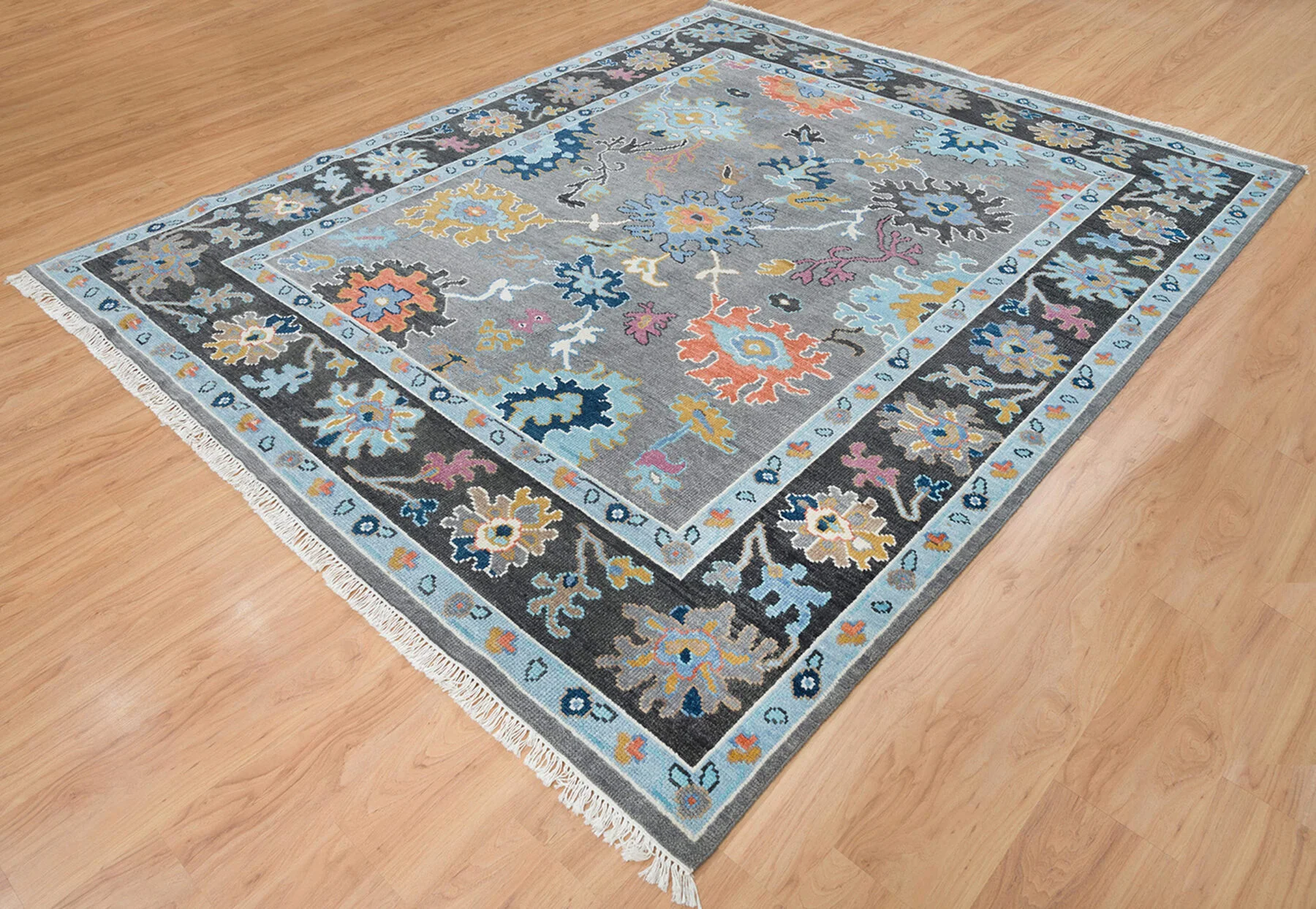 Charcoal & Blue Hand-Knotted Oushak Rug – Rosette & Palmette
