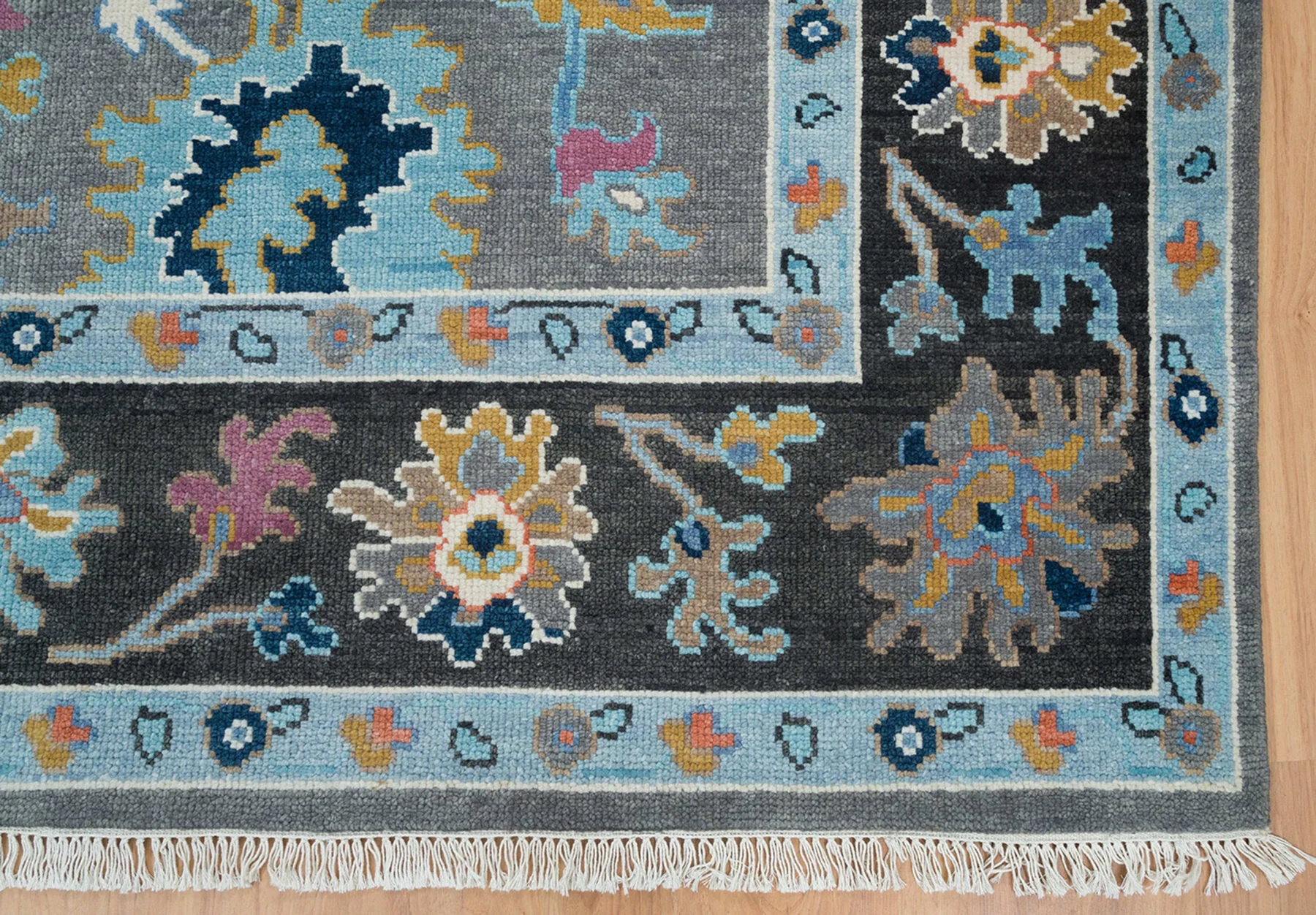 Charcoal & Blue Hand-Knotted Oushak Rug – Rosette & Palmette