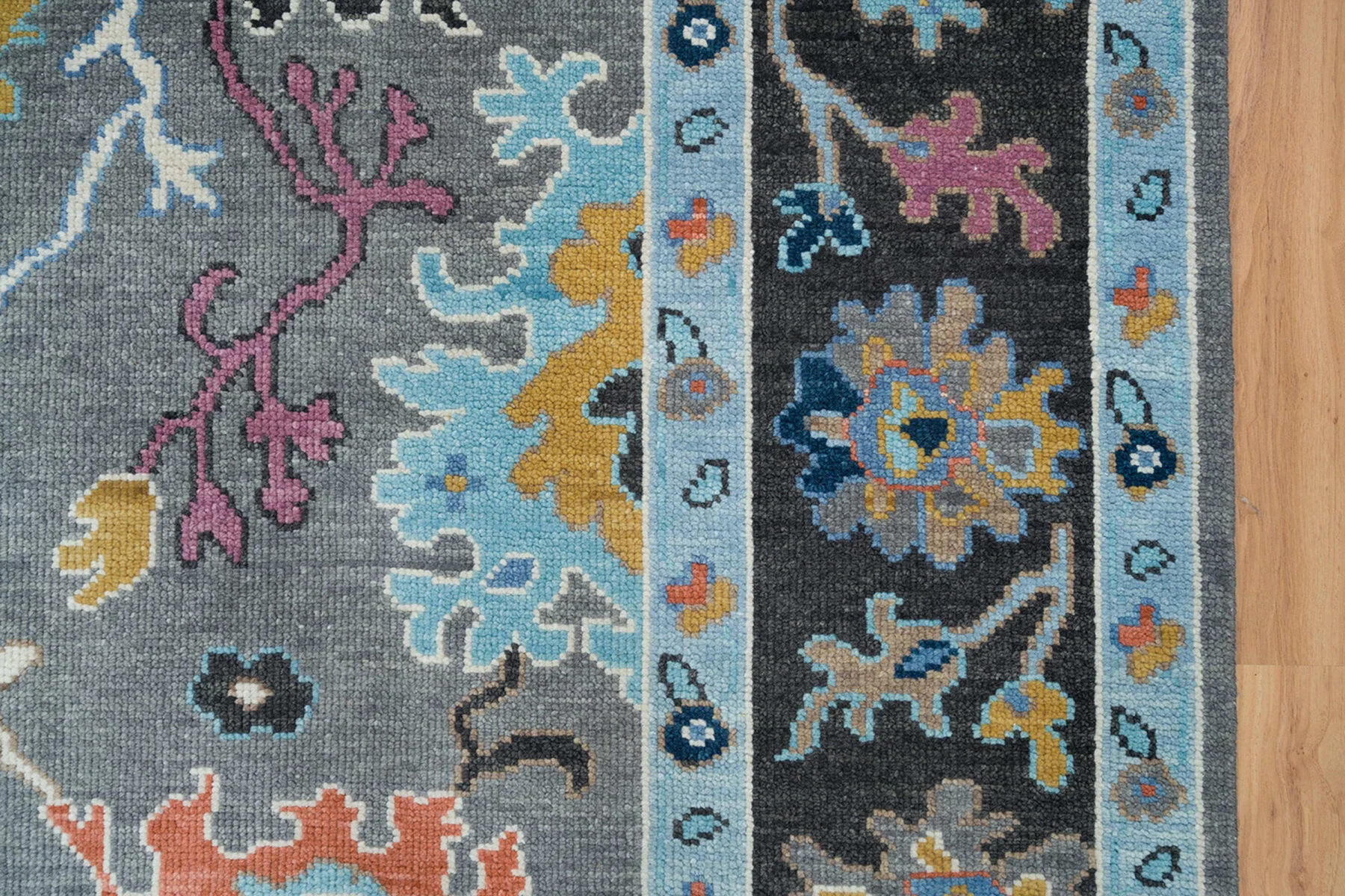 Charcoal & Blue Hand-Knotted Oushak Rug – Rosette & Palmette