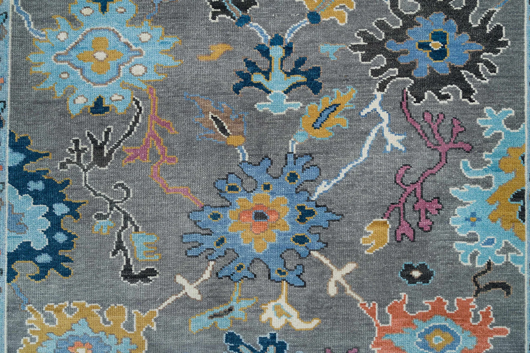 Charcoal & Blue Hand-Knotted Oushak Rug – Rosette & Palmette