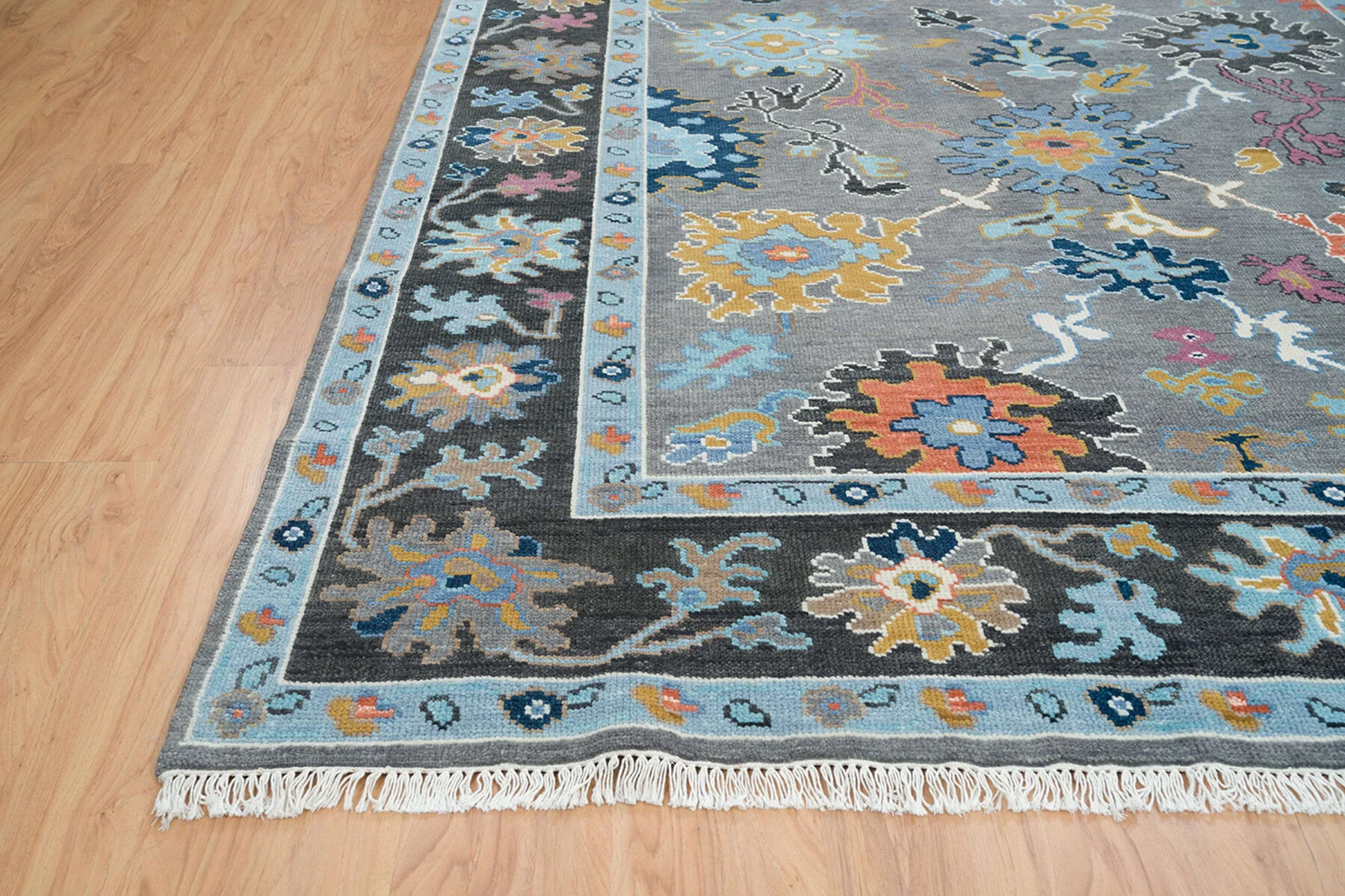 Charcoal & Blue Hand-Knotted Oushak Rug – Rosette & Palmette