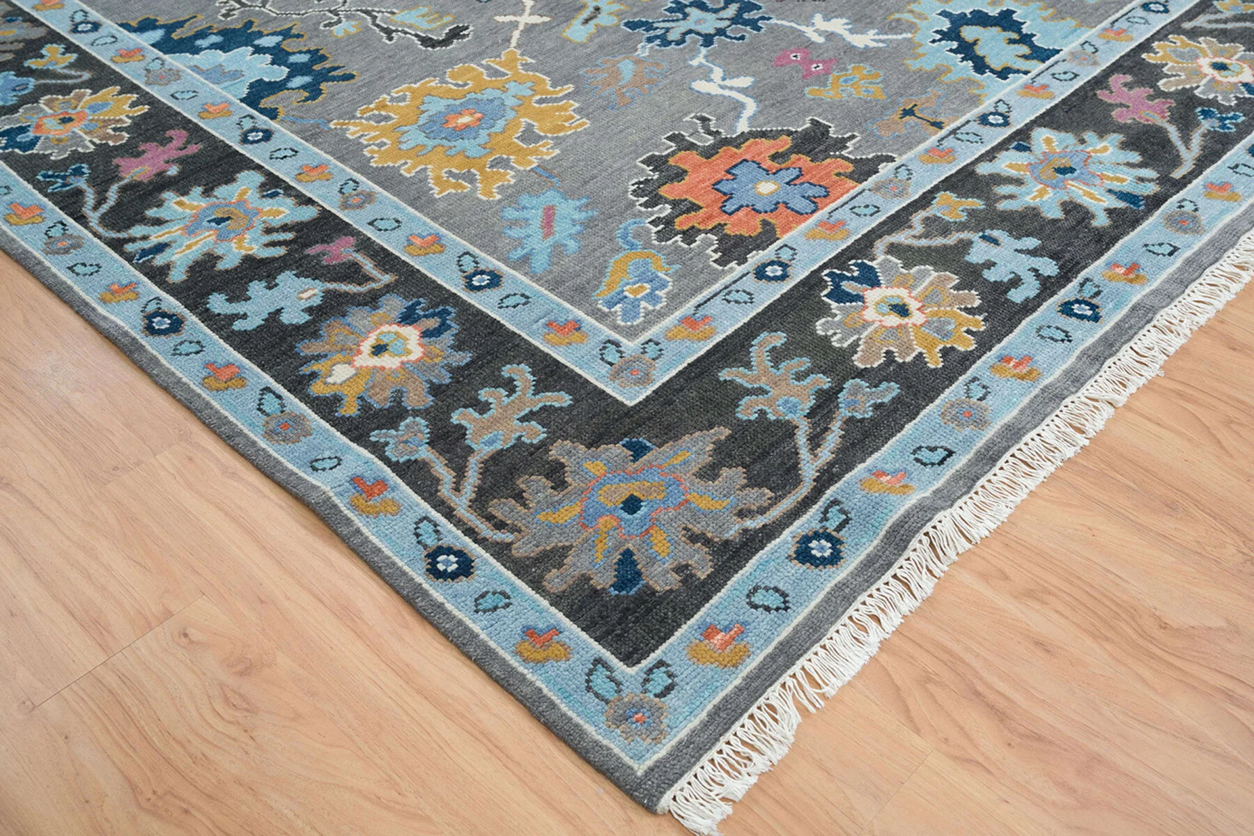 Charcoal & Blue Hand-Knotted Oushak Rug – Rosette & Palmette