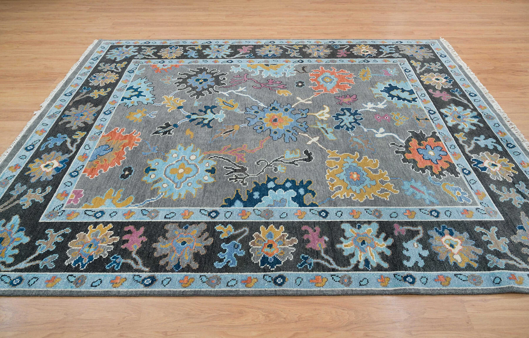 Charcoal & Blue Hand-Knotted Oushak Rug – Rosette & Palmette