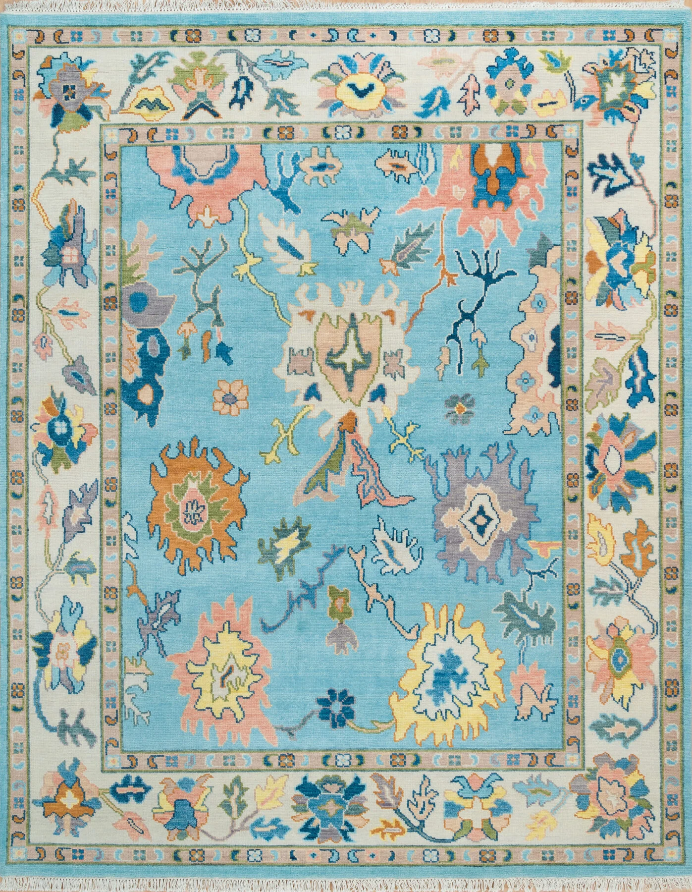 Blue & Blush Hand-Knotted Oushak Rug – Palmette & Rosette (3450)