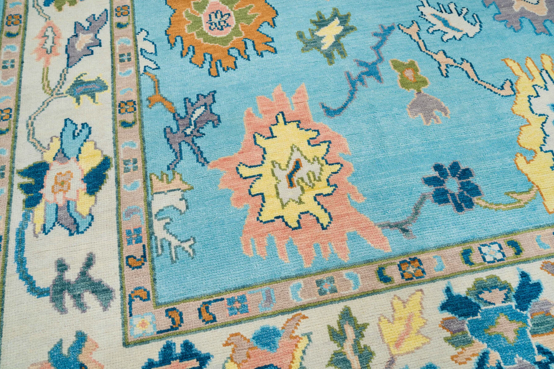 Blue & Blush Hand-Knotted Oushak Rug – Palmette & Rosette (3450)