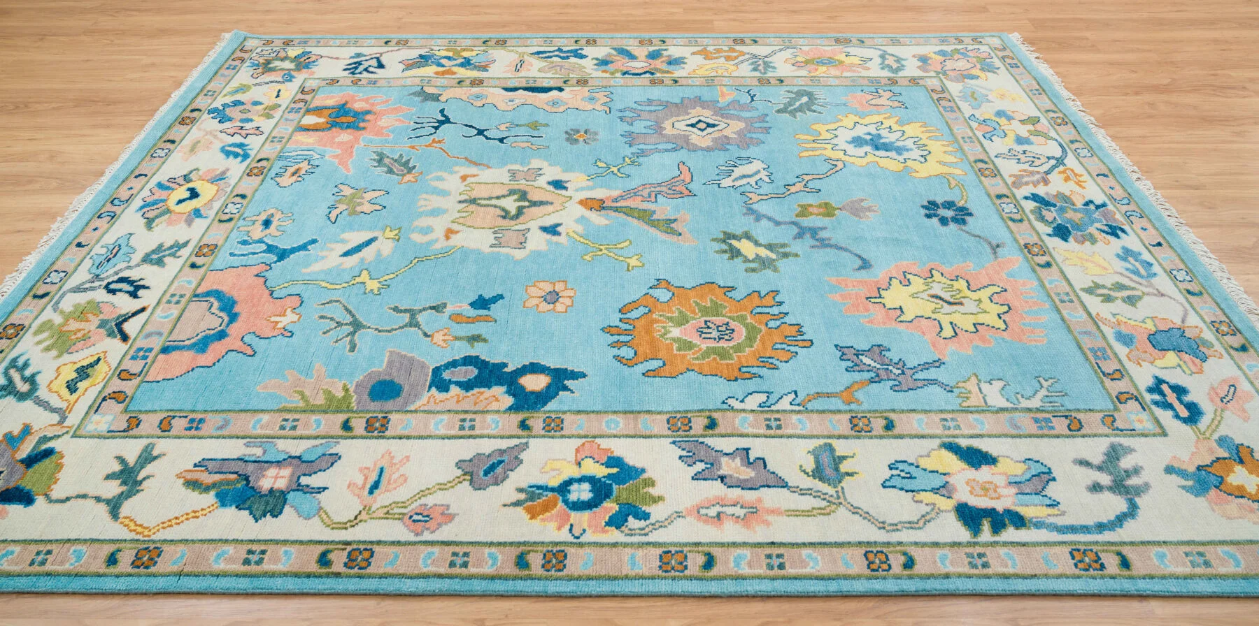 Blue & Blush Hand-Knotted Oushak Rug – Palmette & Rosette (3450)