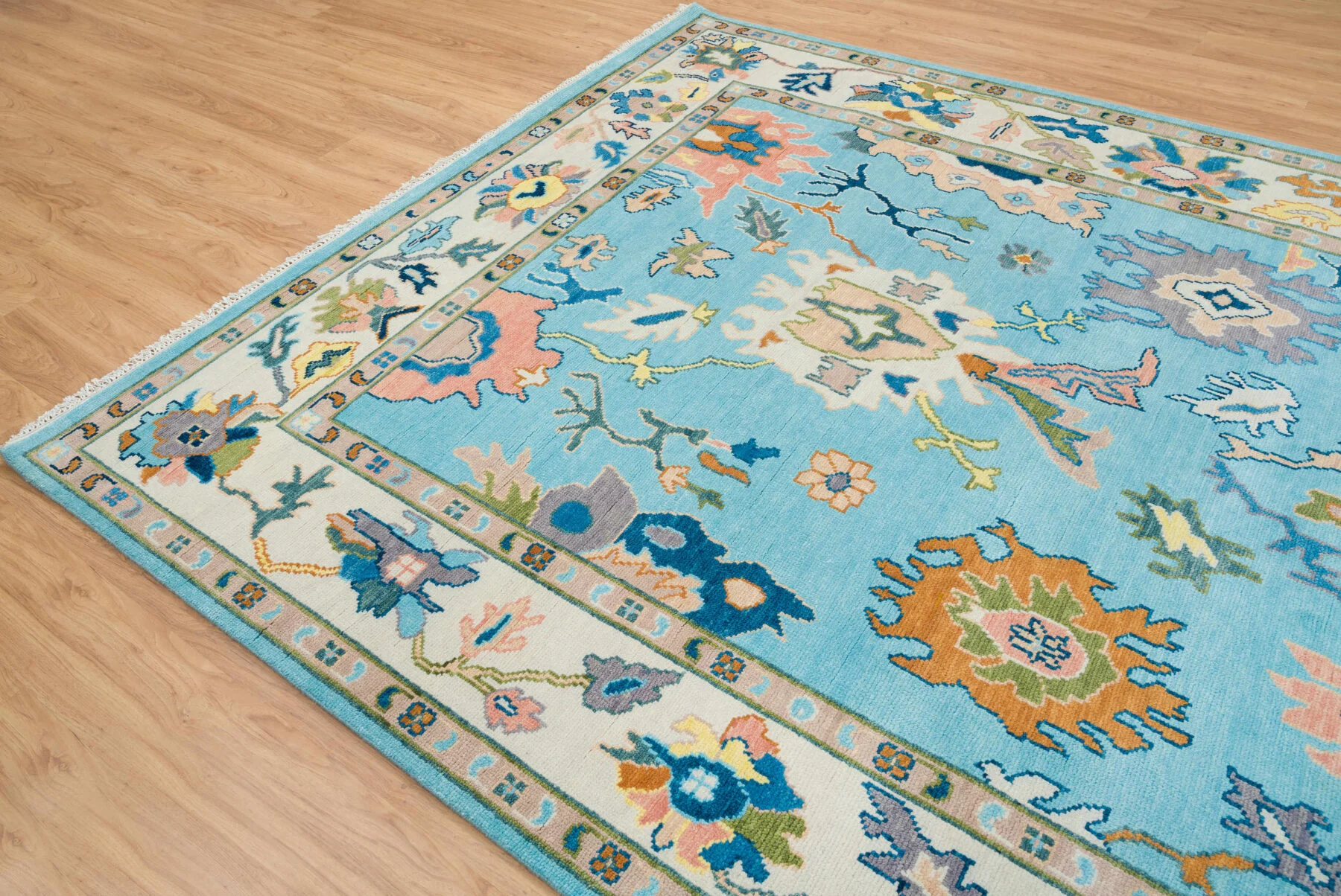 Blue & Blush Hand-Knotted Oushak Rug – Palmette & Rosette (3450)