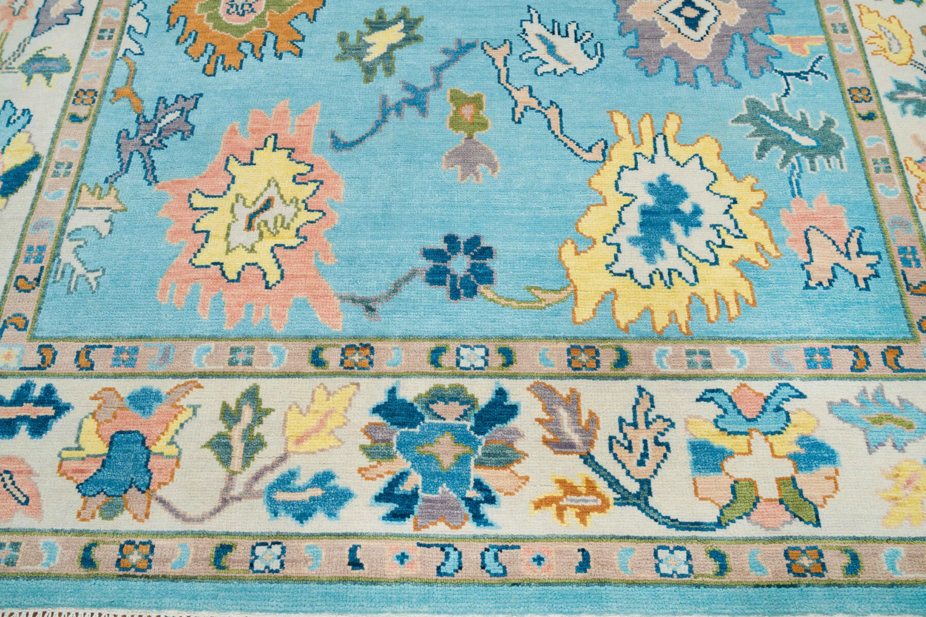 Blue & Blush Hand-Knotted Oushak Rug – Palmette & Rosette (3450)