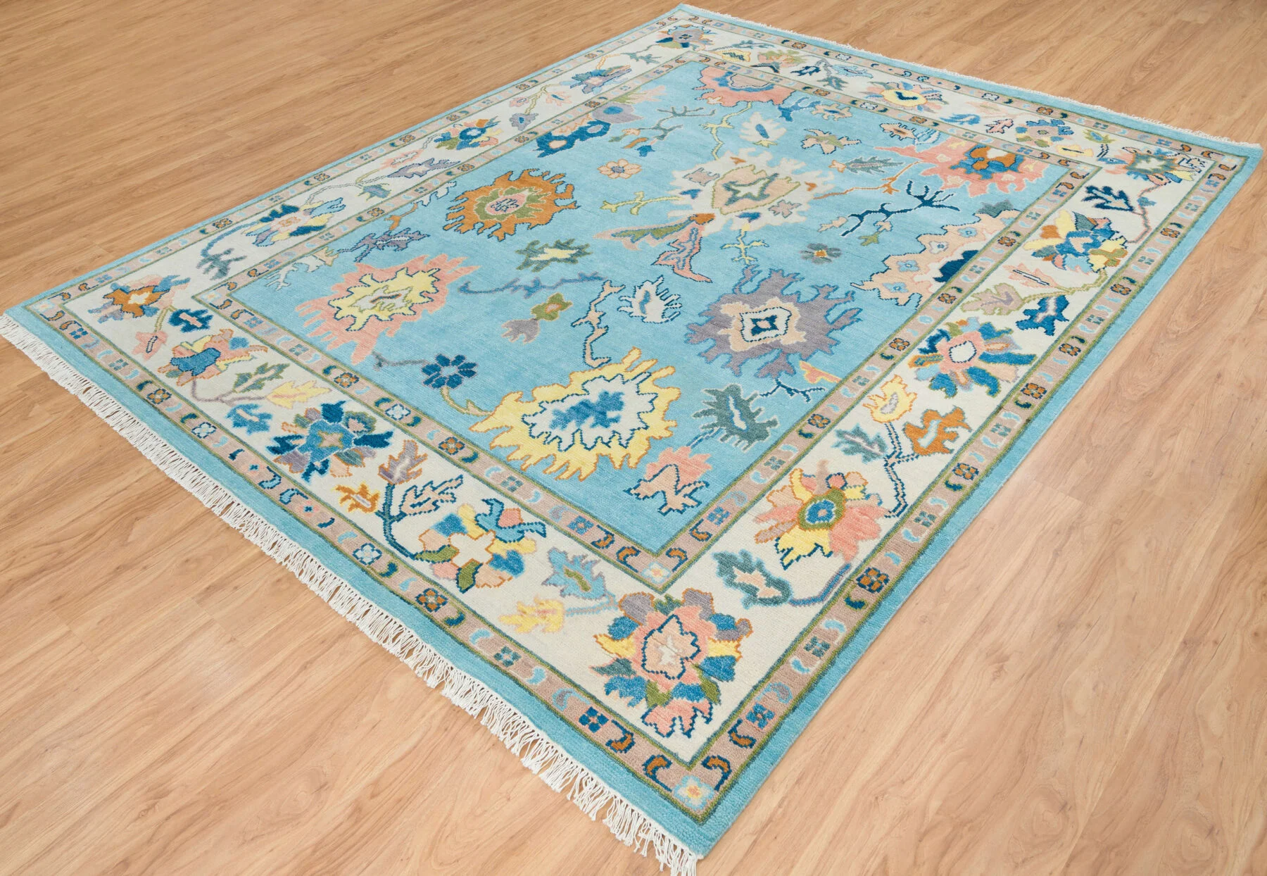 Blue & Blush Hand-Knotted Oushak Rug – Palmette & Rosette (3450)