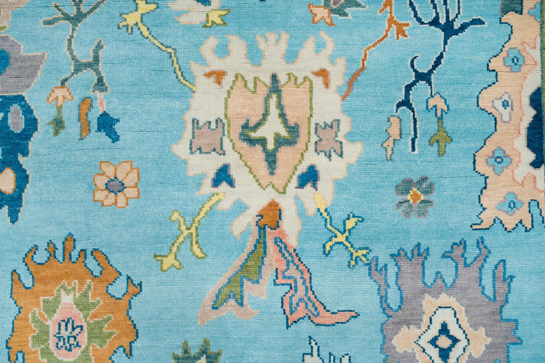 Blue & Blush Hand-Knotted Oushak Rug – Palmette & Rosette (3450)