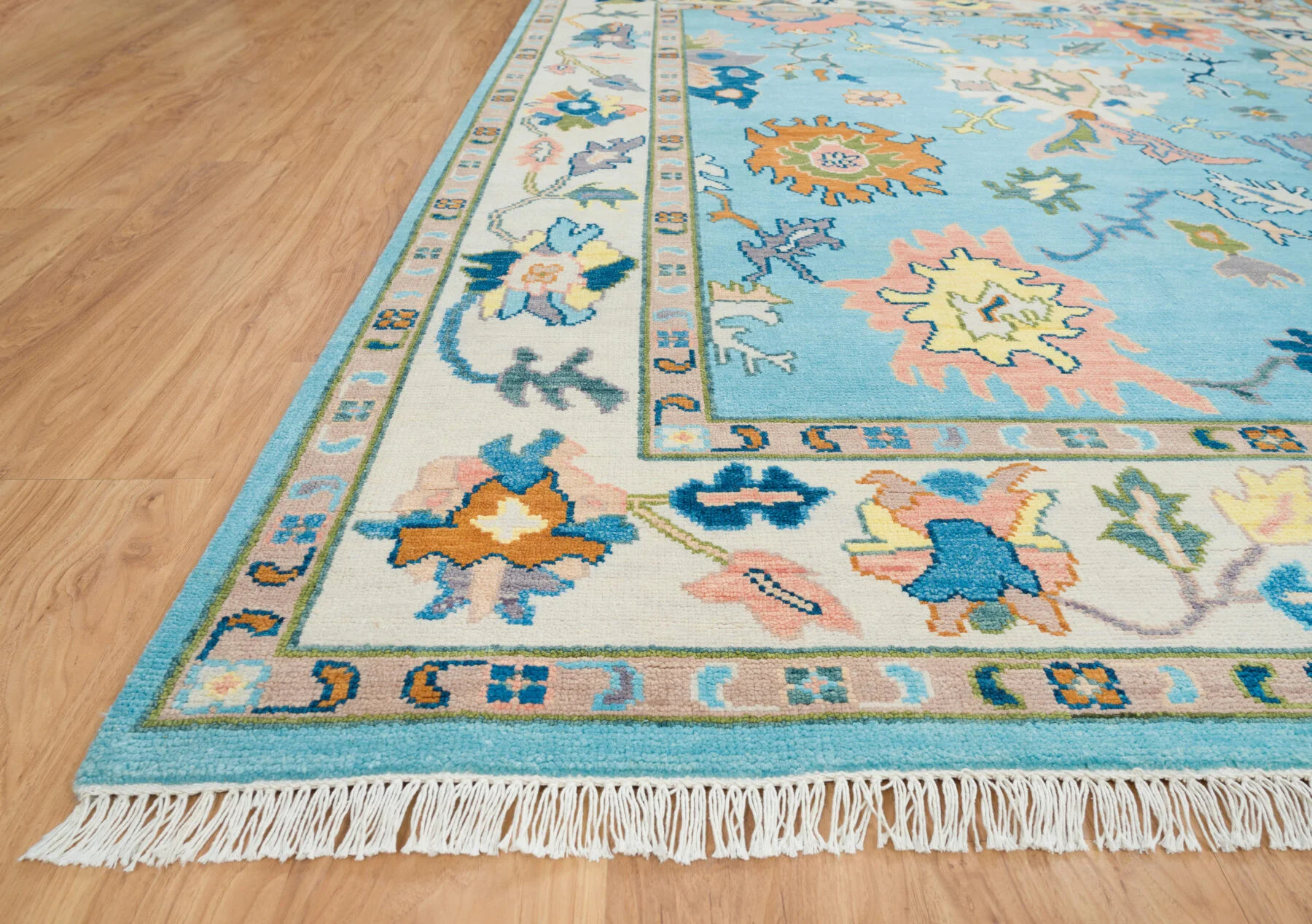 Blue & Blush Hand-Knotted Oushak Rug – Palmette & Rosette (3450)