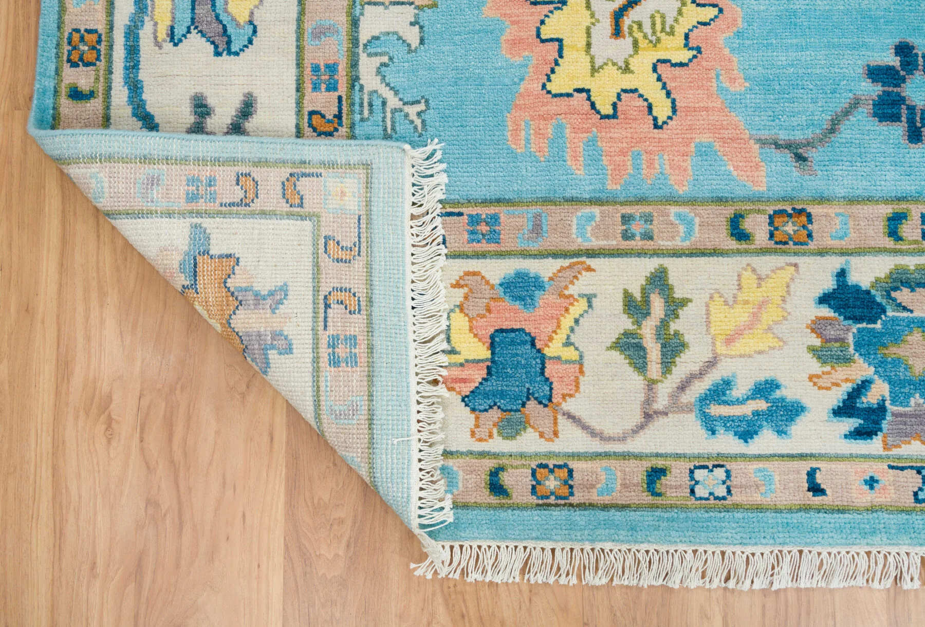 Blue & Blush Hand-Knotted Oushak Rug – Palmette & Rosette (3450)