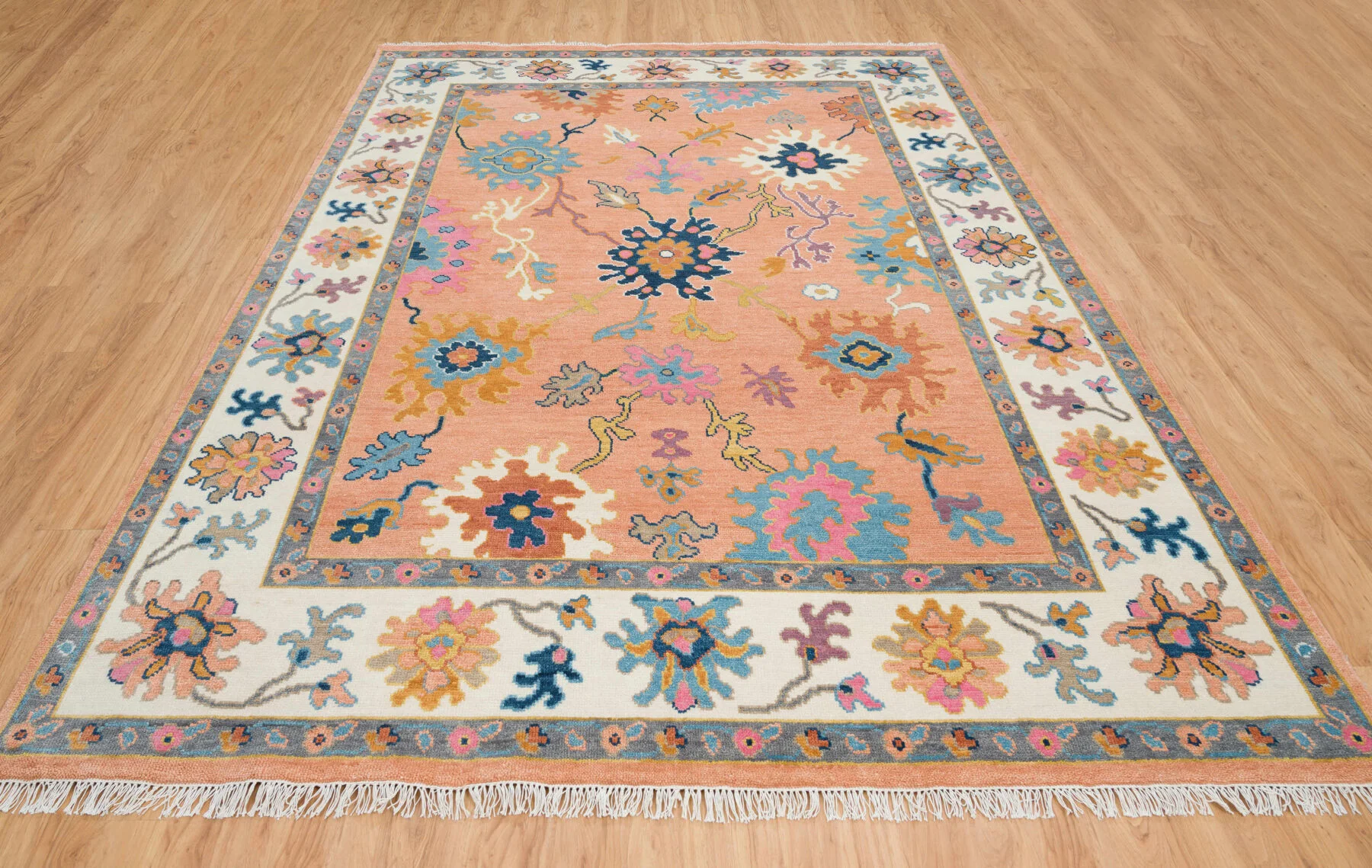 Orange Hand-Knotted Oushak Rug – Rosette & Palmette