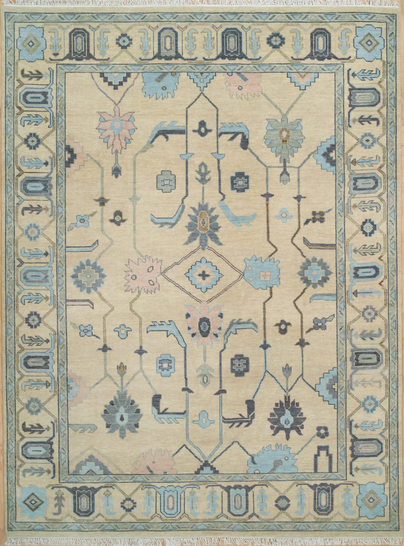 Sand Hand-Knotted Oushak Rug – Palmette & Angular-Vine