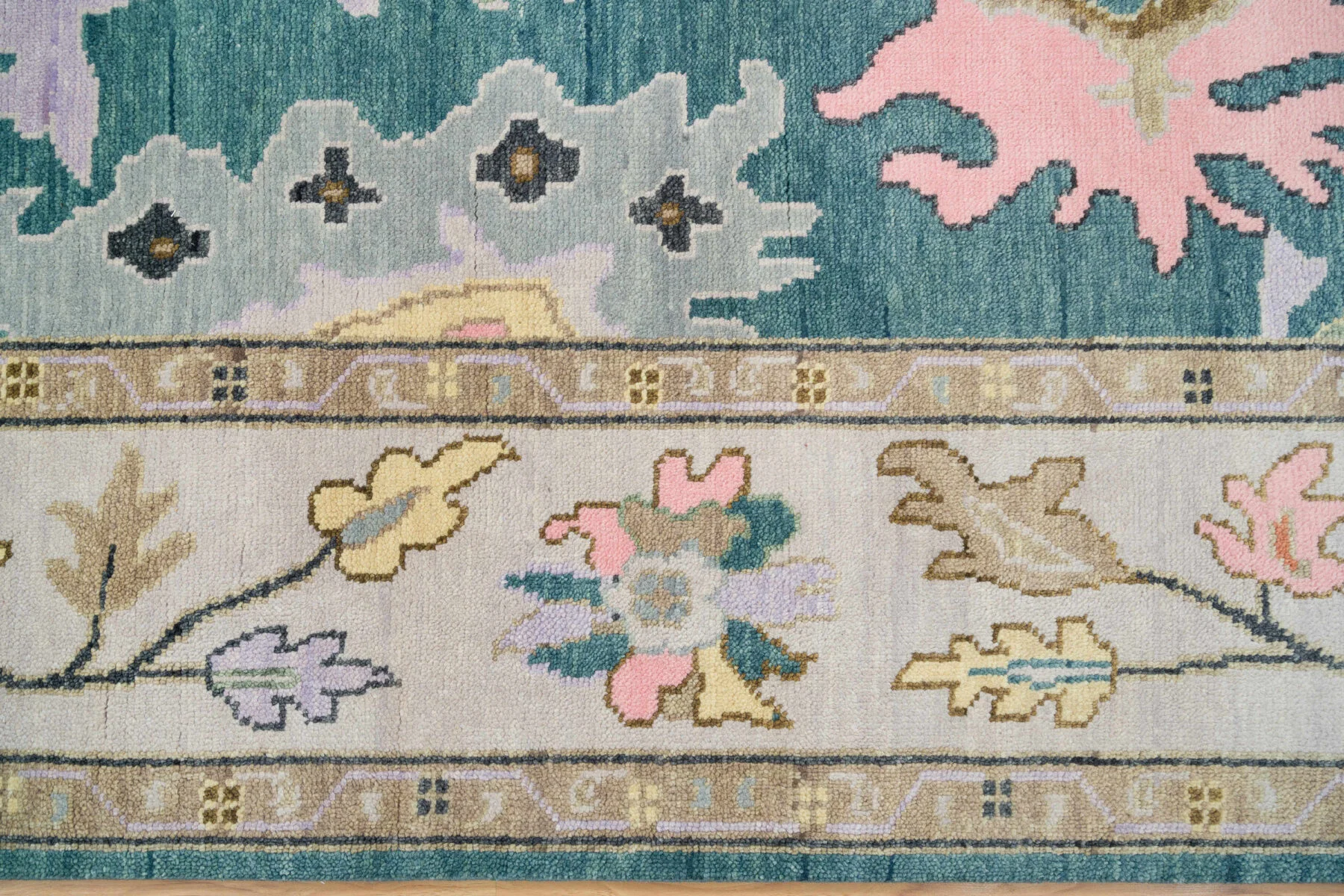 Teal & Blush Hand-Knotted Oushak Rug – Palmette & Rosette (3458)