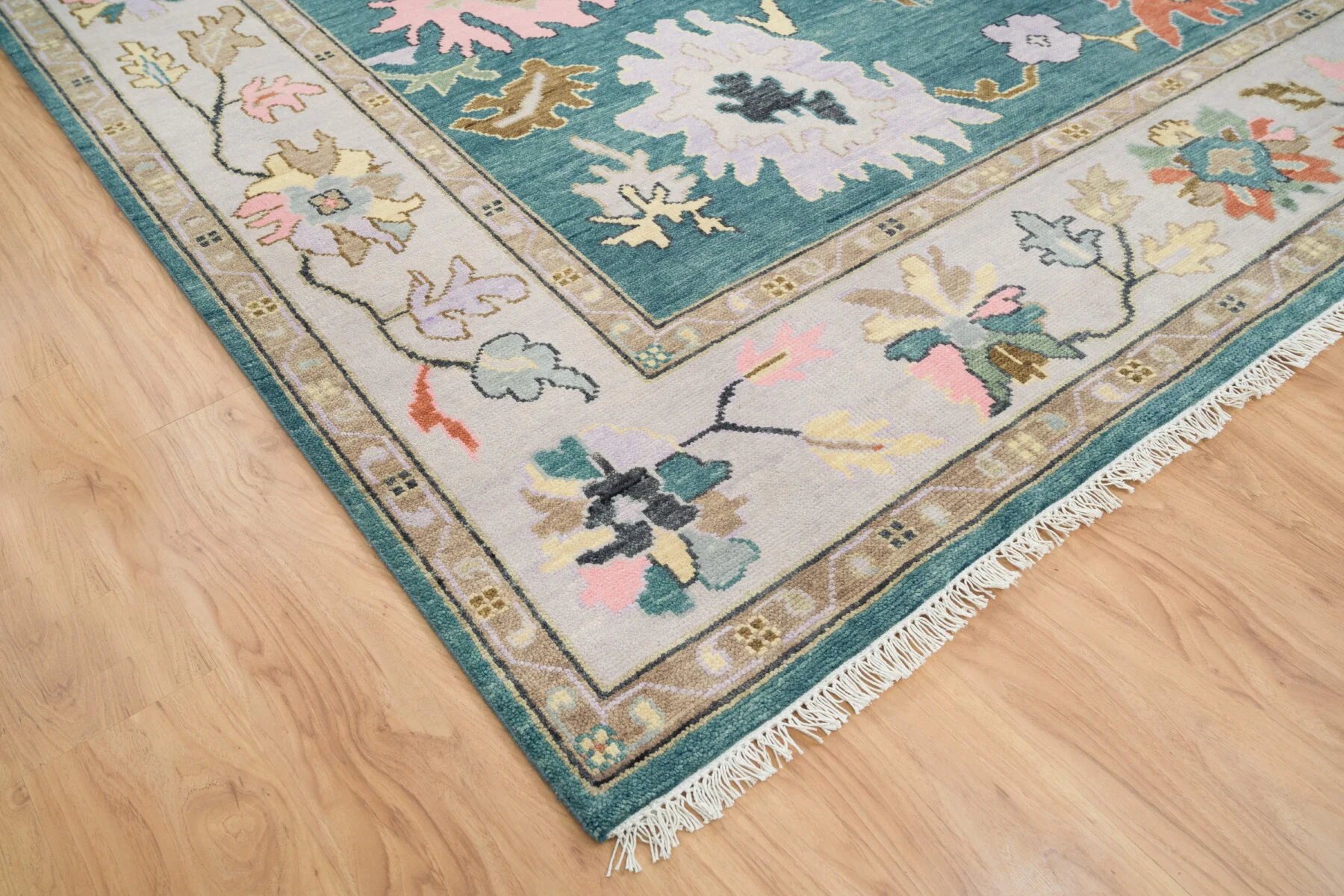 Teal & Blush Hand-Knotted Oushak Rug – Palmette & Rosette (3458)