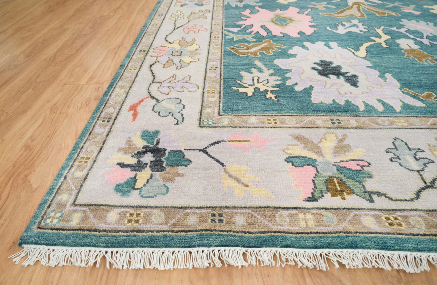 Teal & Blush Hand-Knotted Oushak Rug – Palmette & Rosette (3458)