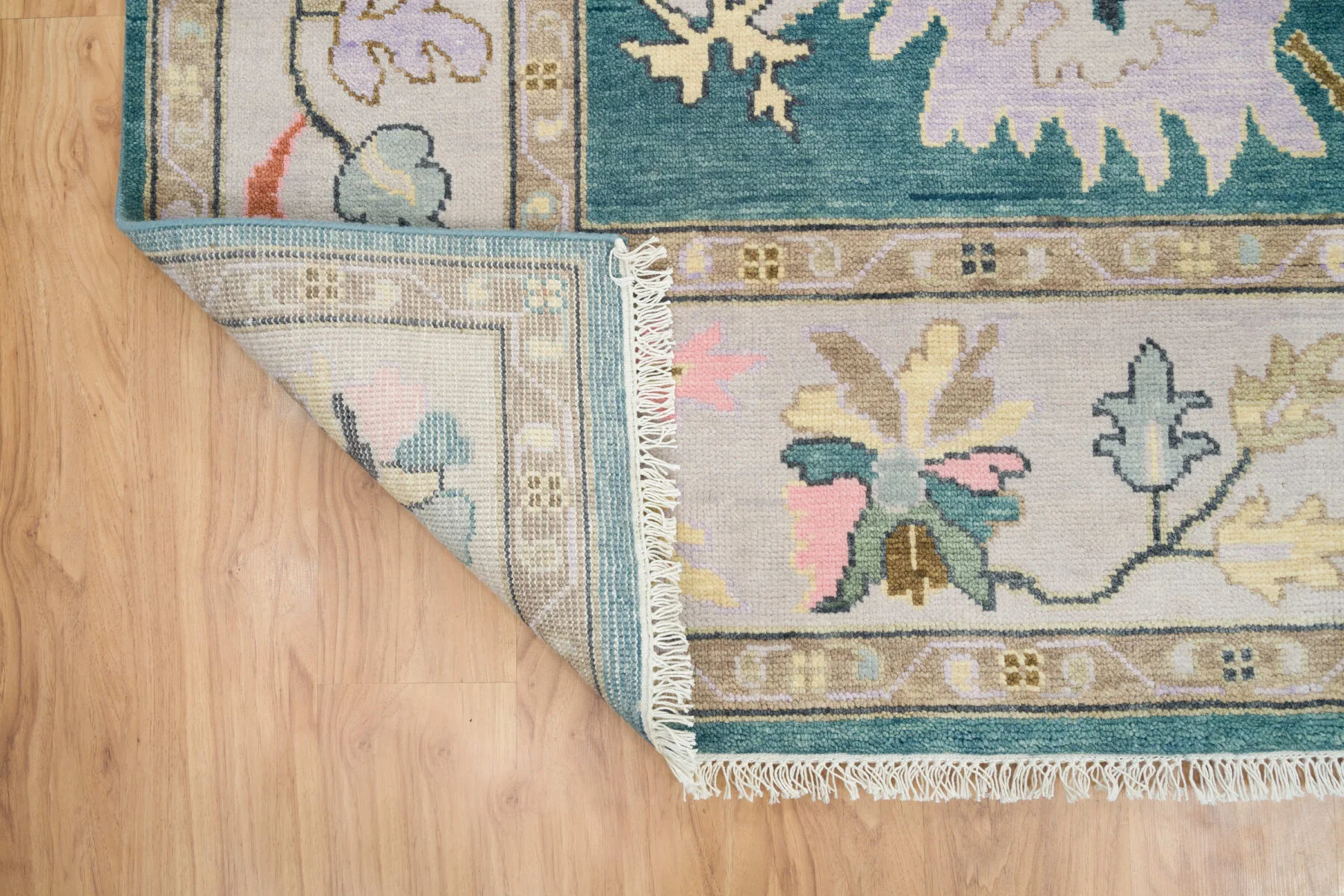 Teal & Blush Hand-Knotted Oushak Rug – Palmette & Rosette (3458)
