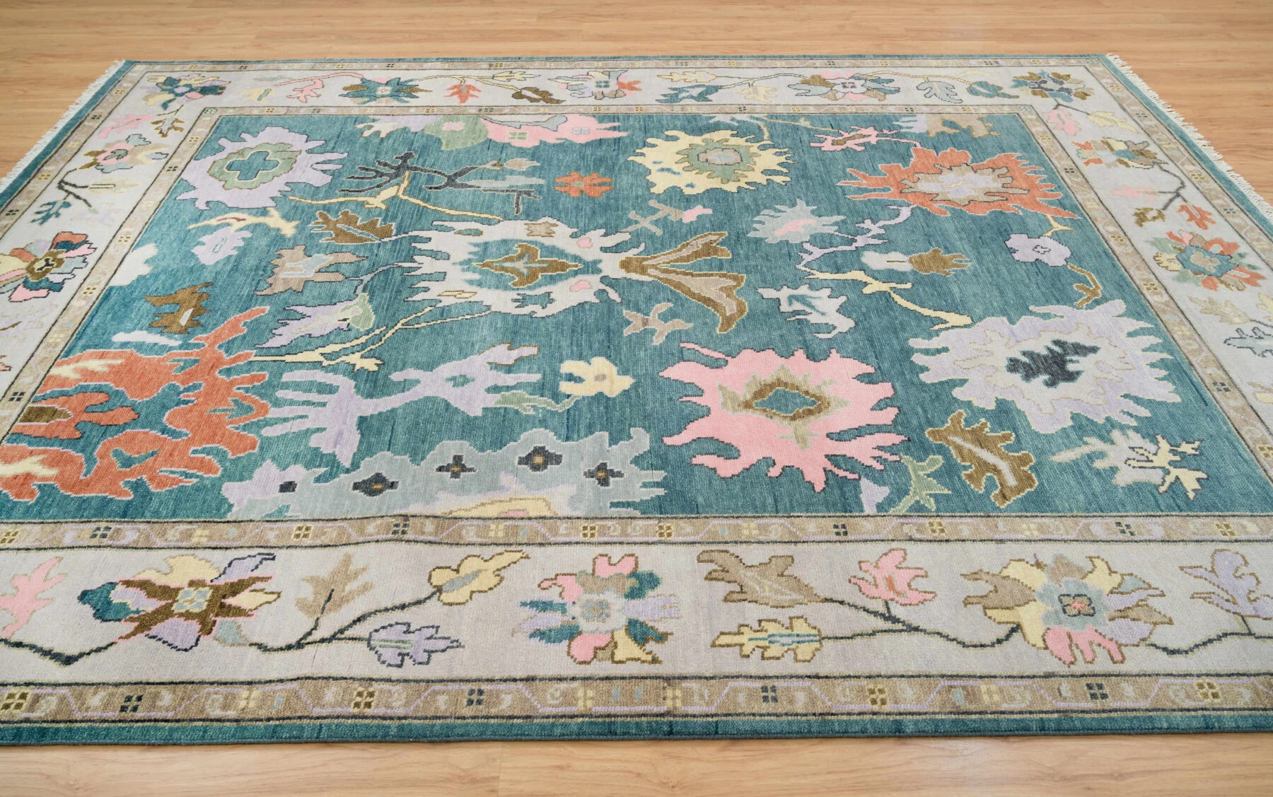 Teal & Blush Hand-Knotted Oushak Rug – Palmette & Rosette (3458)