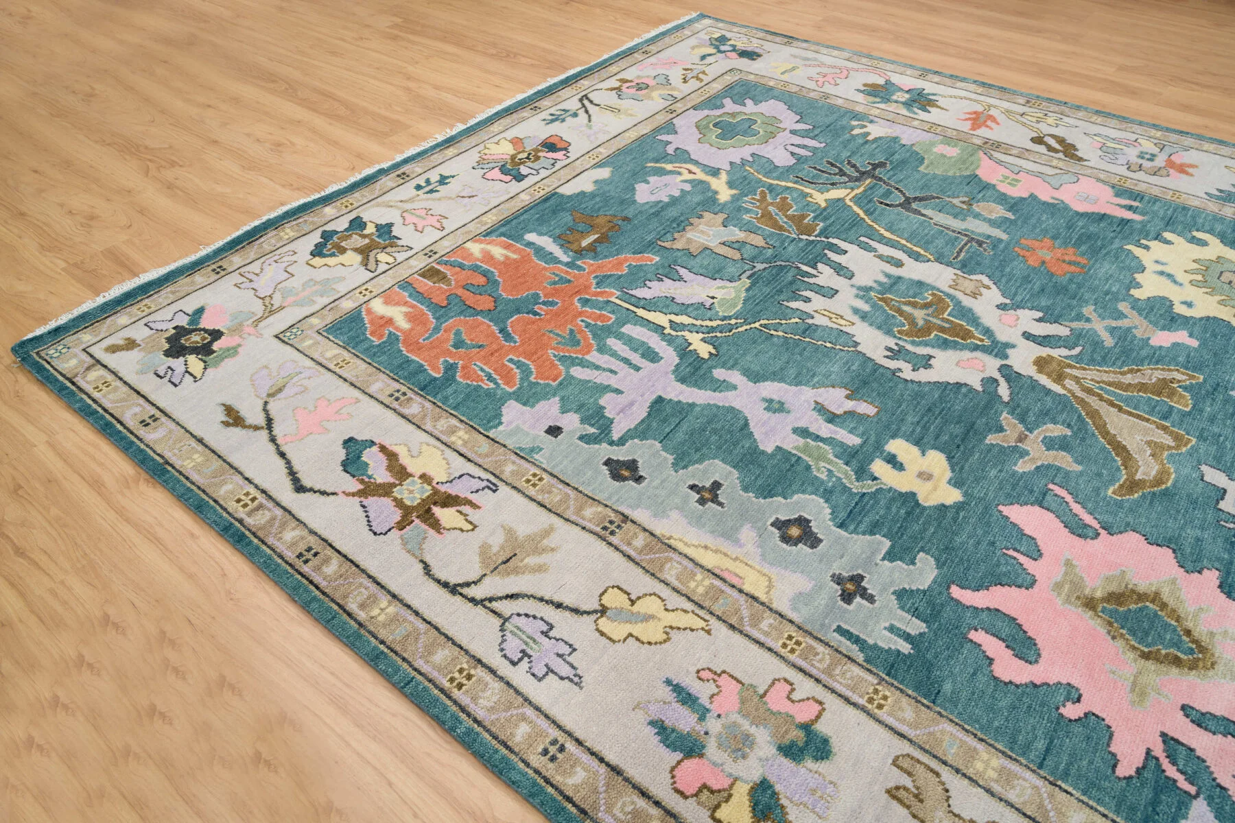Teal & Blush Hand-Knotted Oushak Rug – Palmette & Rosette (3458)