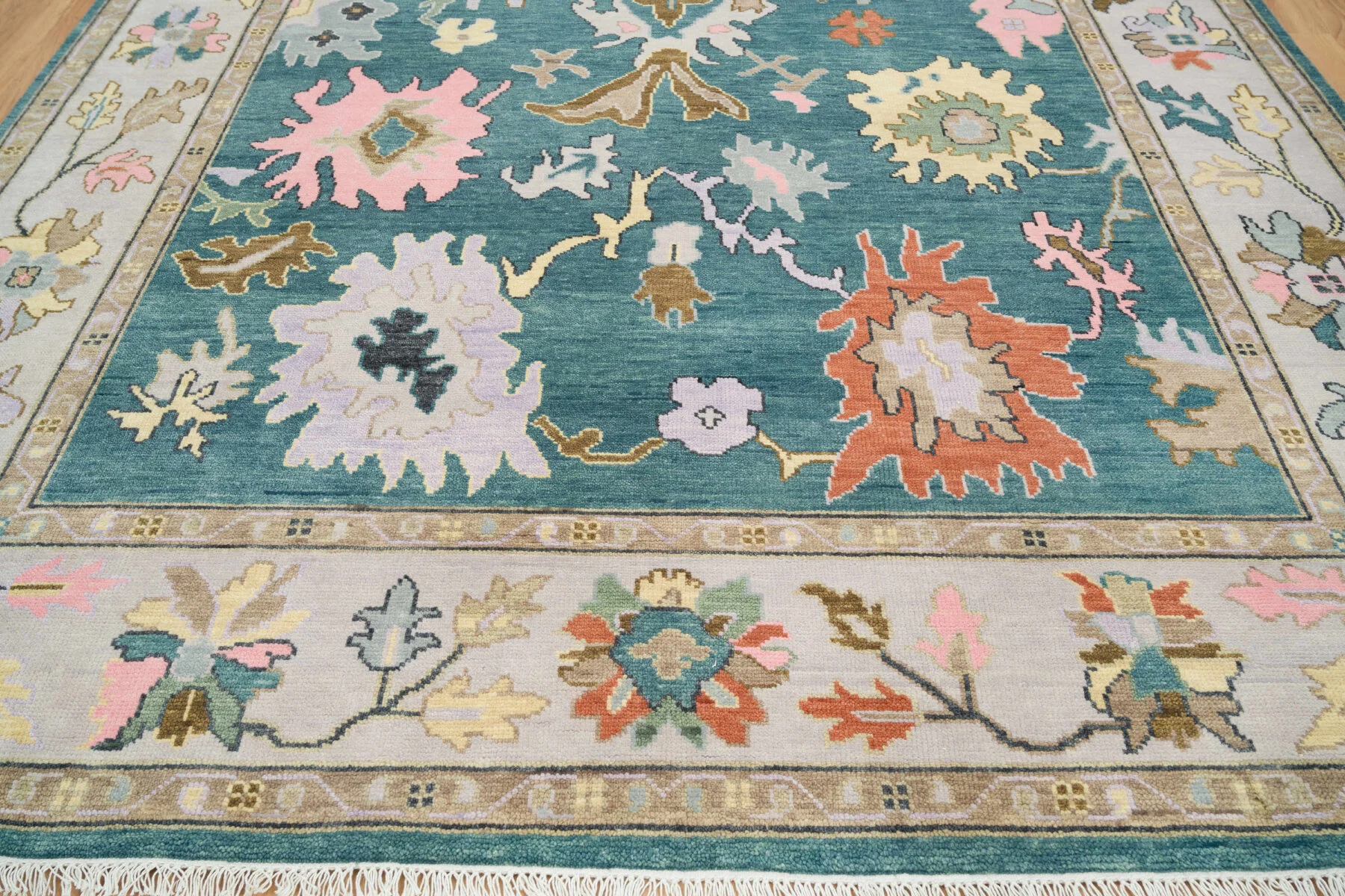 Teal & Blush Hand-Knotted Oushak Rug – Palmette & Rosette (3458)
