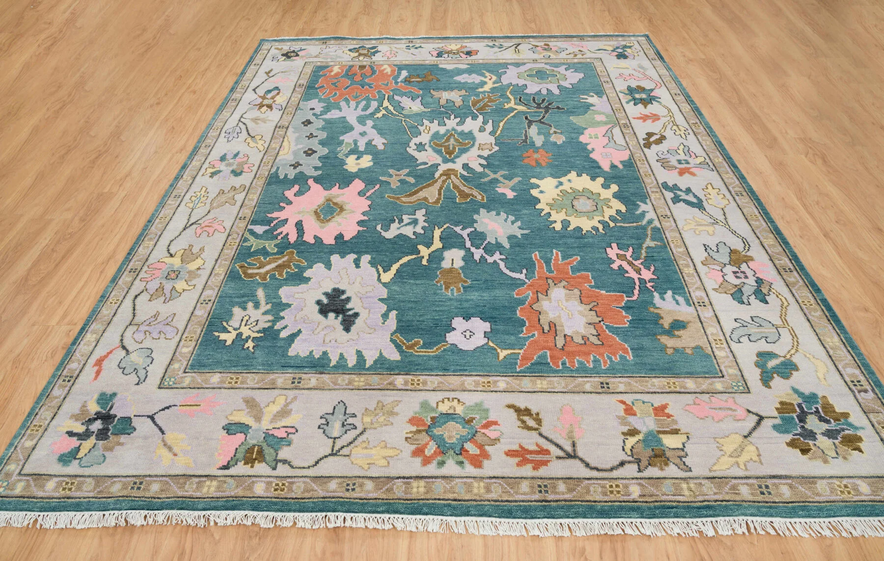 Teal & Blush Hand-Knotted Oushak Rug – Palmette & Rosette (3458)