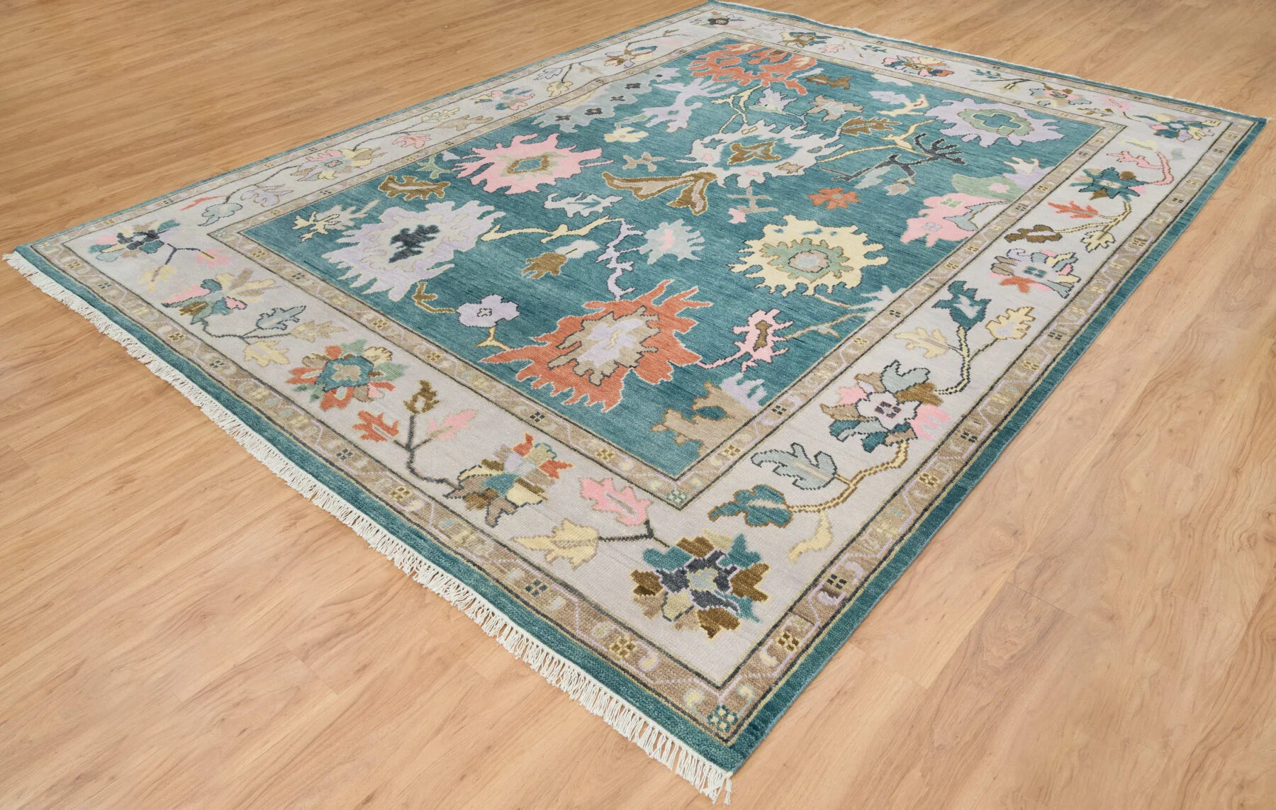 Teal & Blush Hand-Knotted Oushak Rug – Palmette & Rosette (3458)