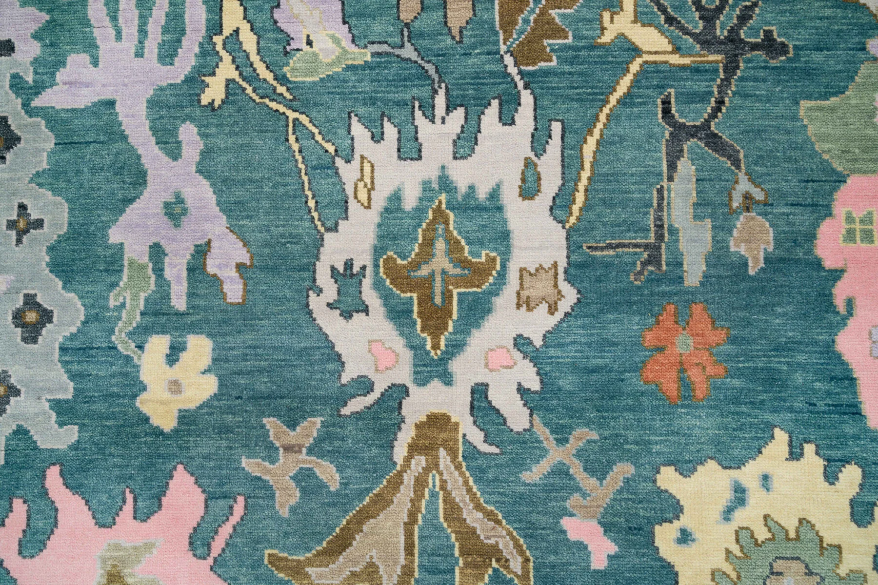 Teal & Blush Hand-Knotted Oushak Rug – Palmette & Rosette (3458)