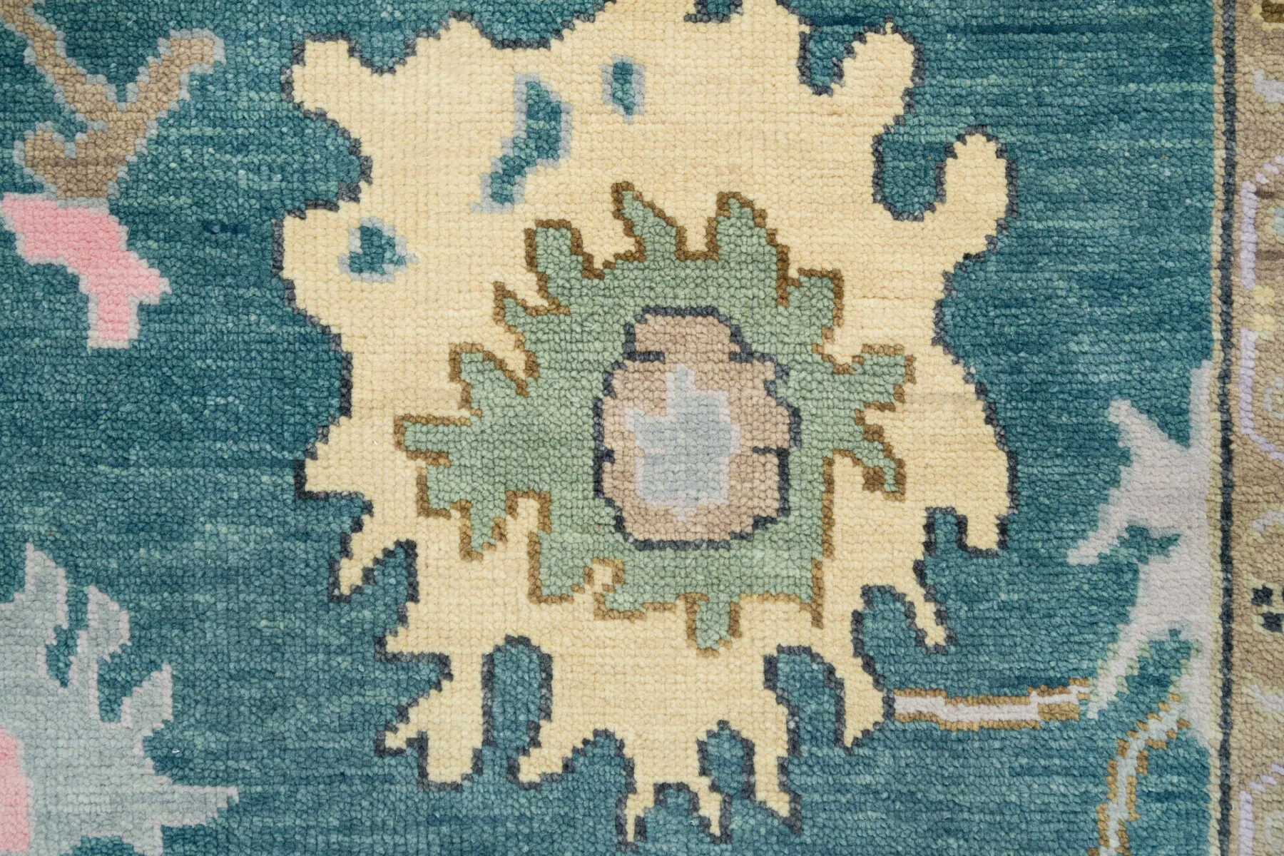 Teal & Blush Hand-Knotted Oushak Rug – Palmette & Rosette (3458)