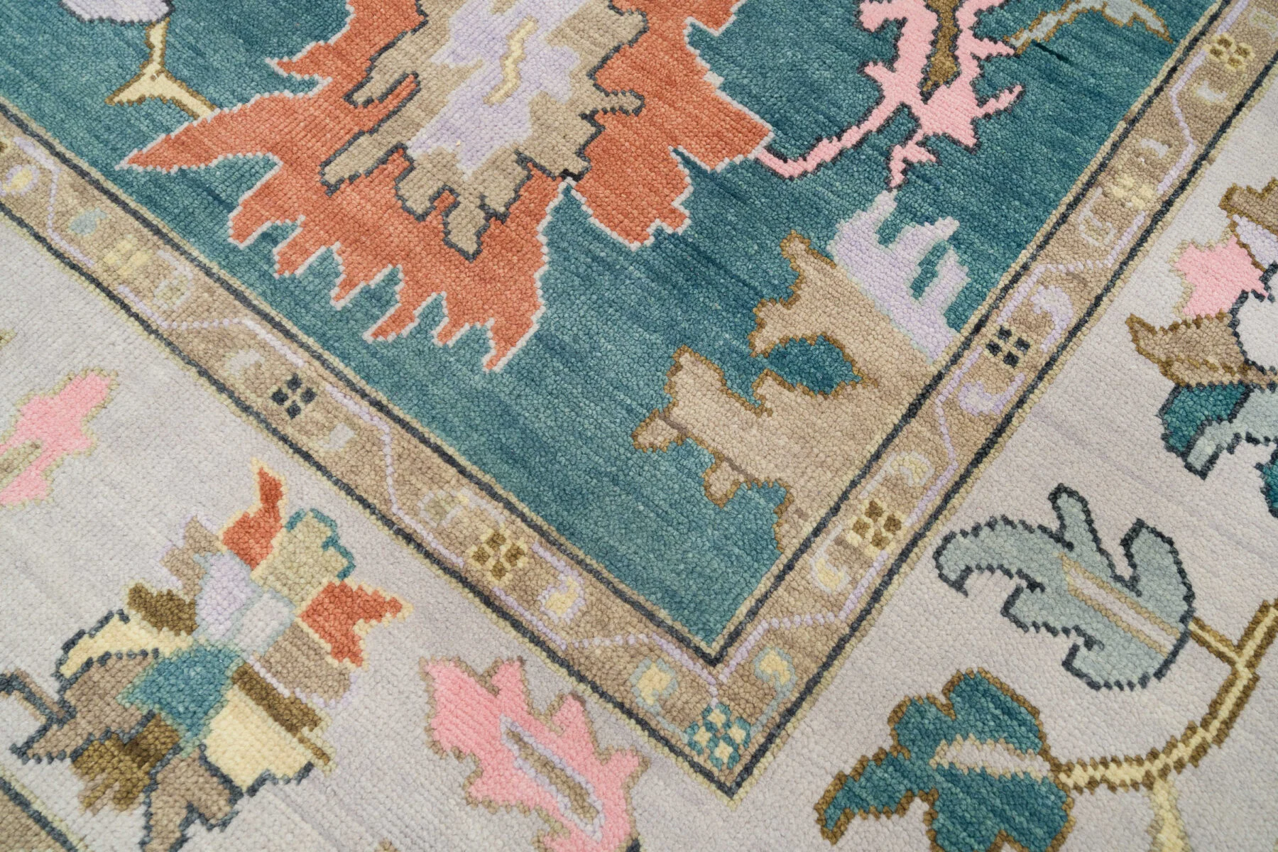 Teal & Blush Hand-Knotted Oushak Rug – Palmette & Rosette (3458)