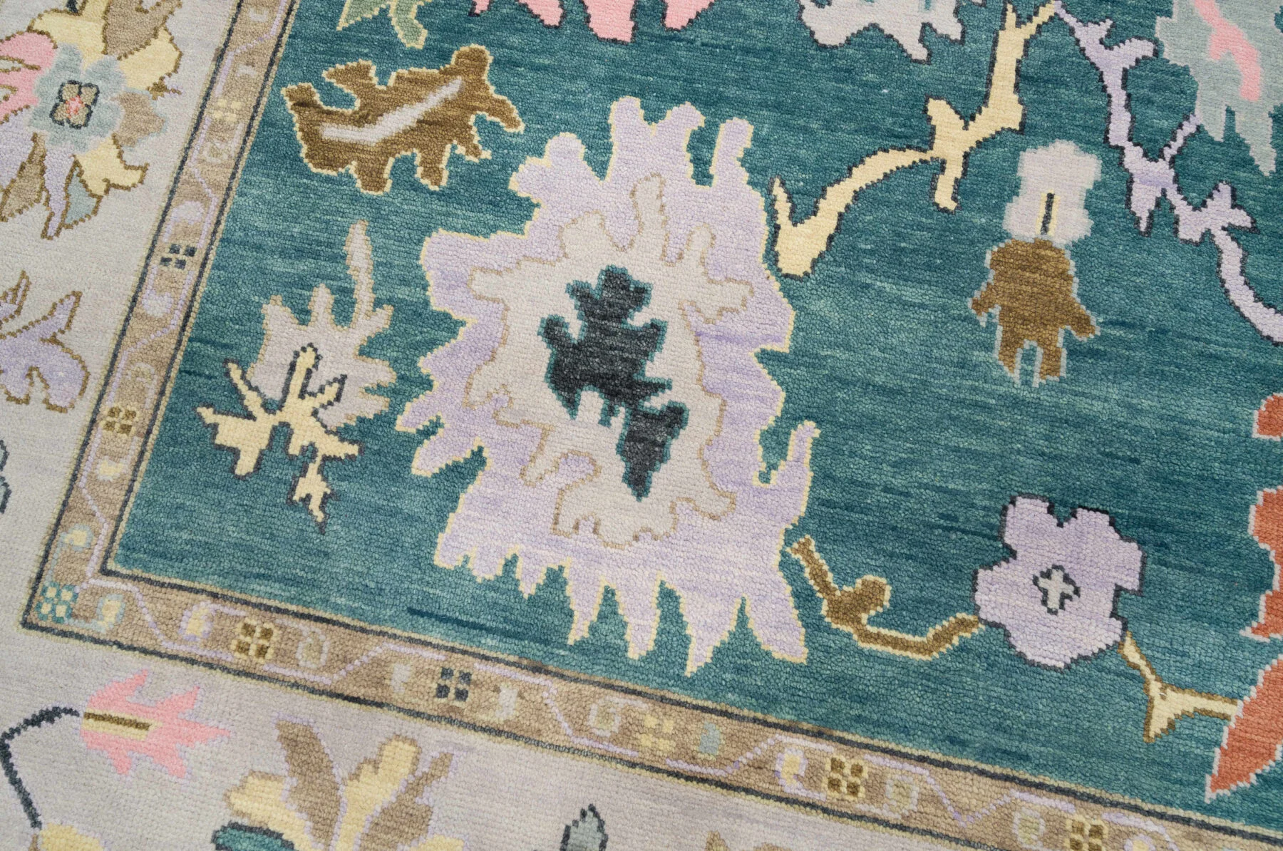 Teal & Blush Hand-Knotted Oushak Rug – Palmette & Rosette (3458)