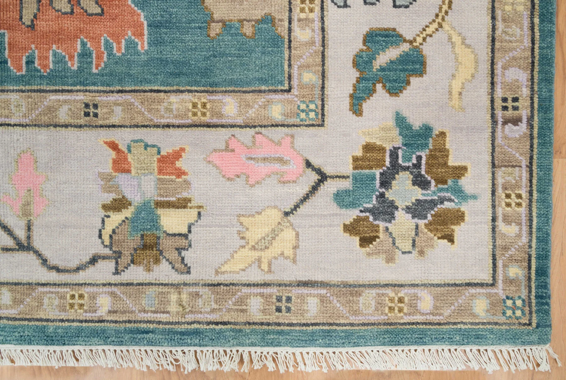 Teal & Blush Hand-Knotted Oushak Rug – Palmette & Rosette (3458)