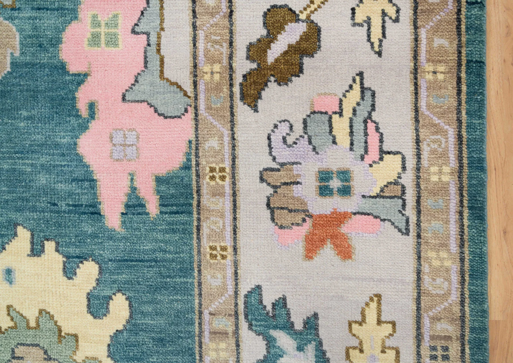 Teal & Blush Hand-Knotted Oushak Rug – Palmette & Rosette (3458)