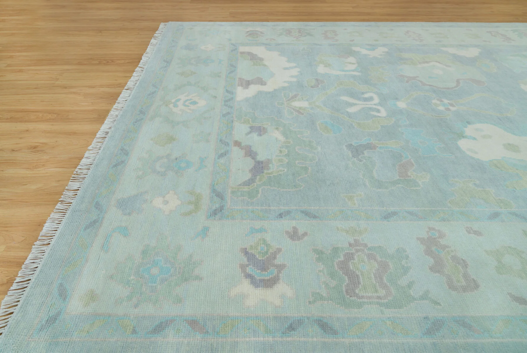 Teal & Blue Hand-Knotted Oushak Rug – Palmette & Rosette