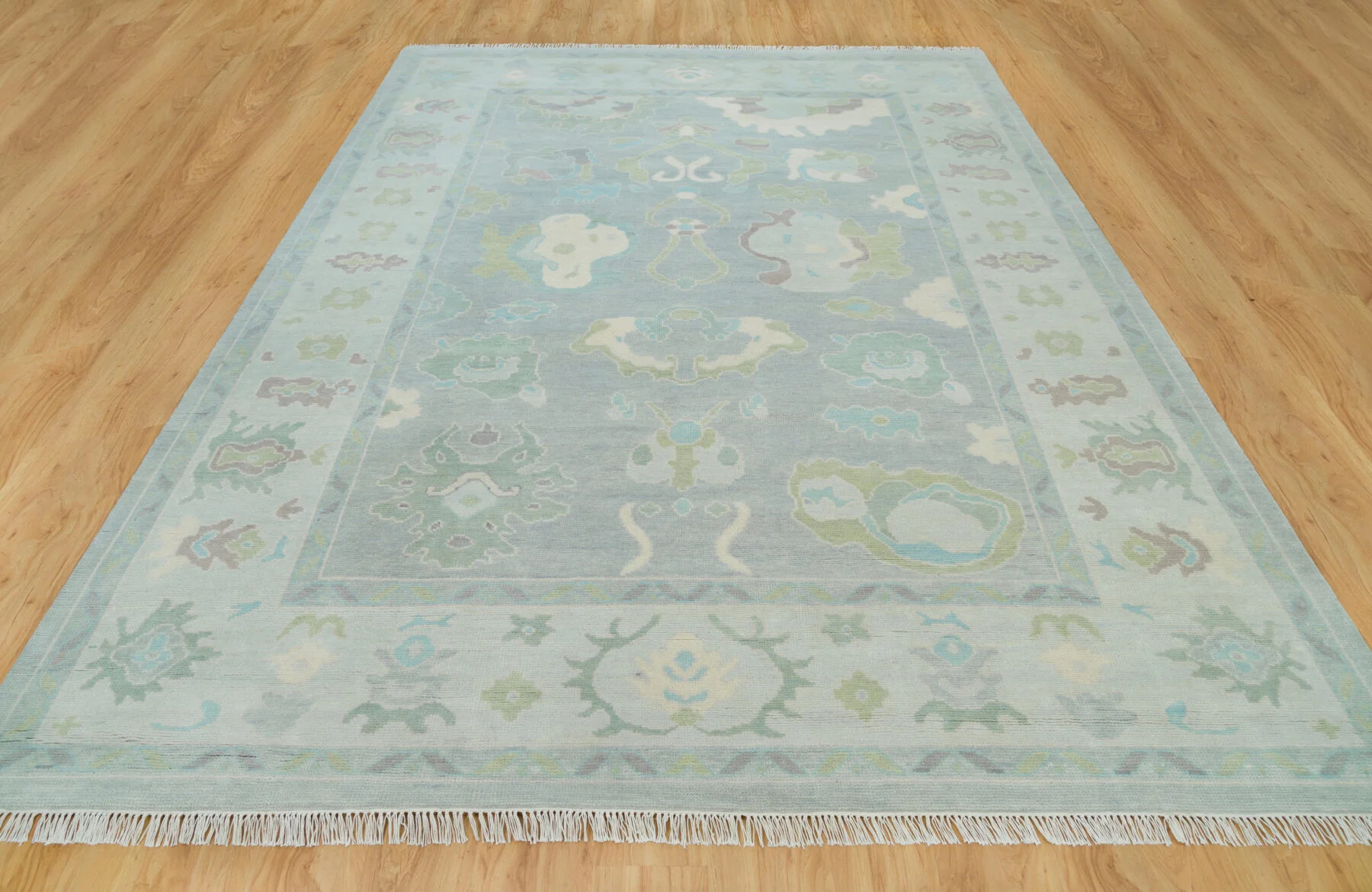 Teal & Blue Hand-Knotted Oushak Rug – Palmette & Rosette