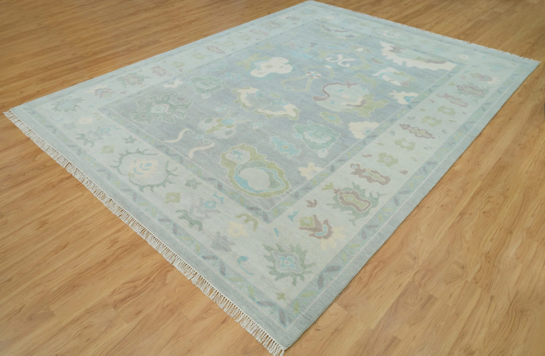 Teal & Blue Hand-Knotted Oushak Rug – Palmette & Rosette