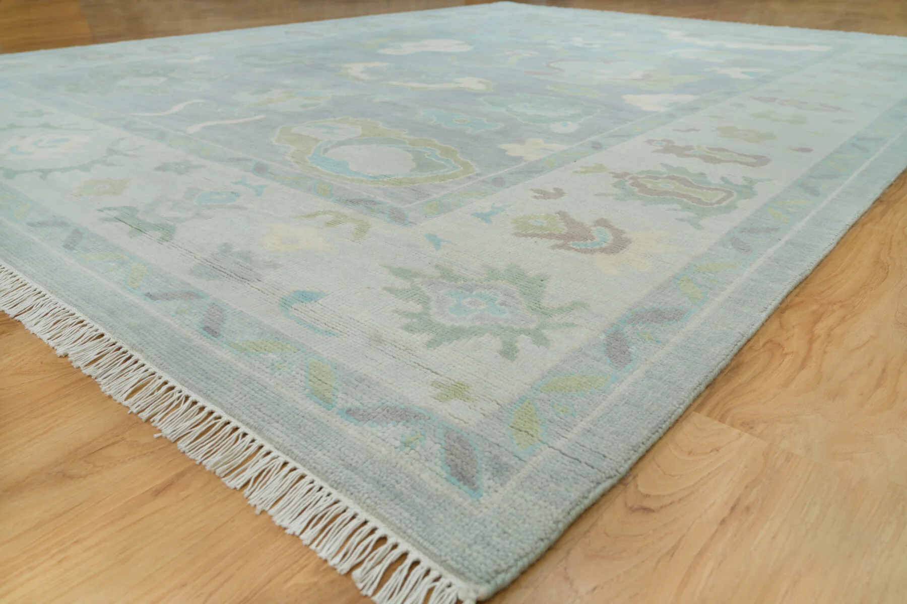 Teal & Blue Hand-Knotted Oushak Rug – Palmette & Rosette