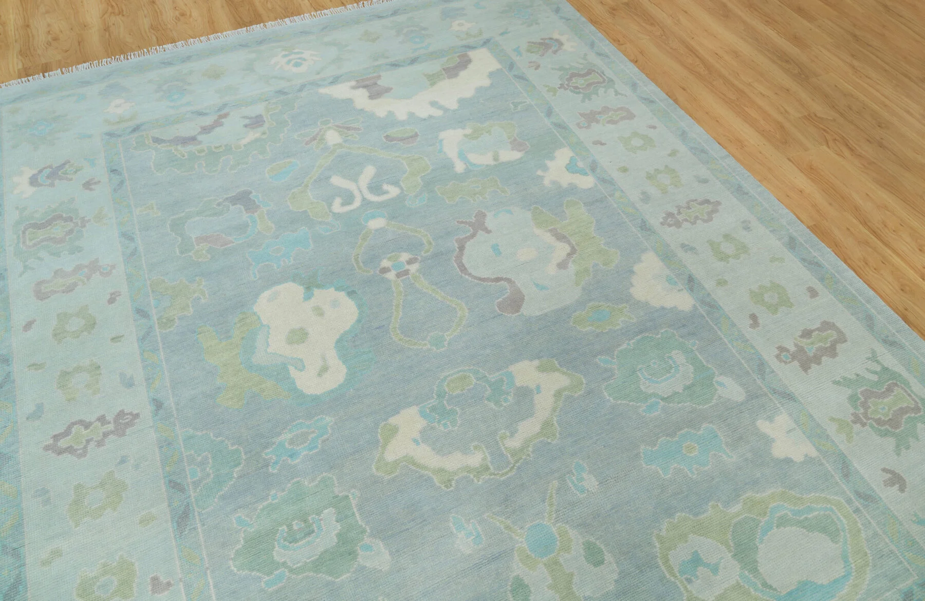 Teal & Blue Hand-Knotted Oushak Rug – Palmette & Rosette